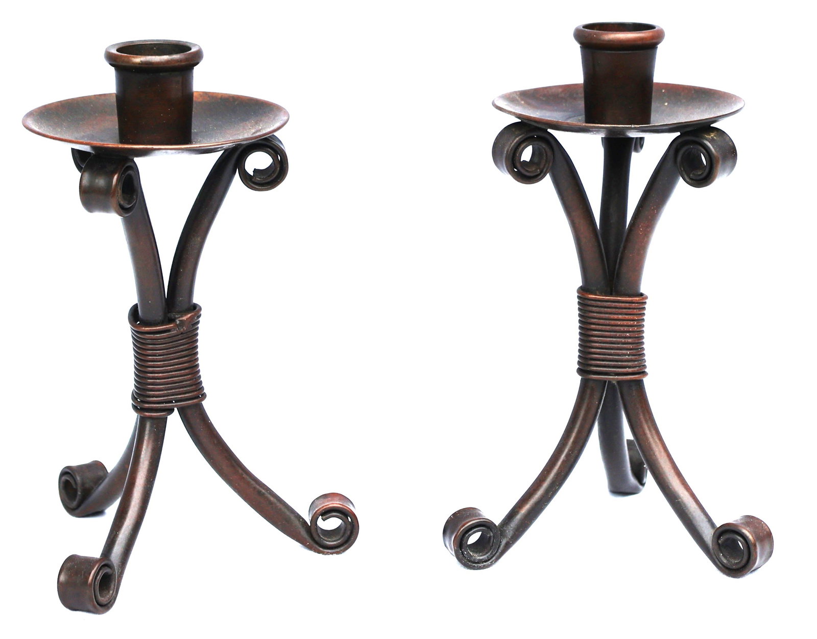Roycroft Copper Candlesticks sculptural form with detailed scrolled feet and a central wrapped wire (1 of 5)