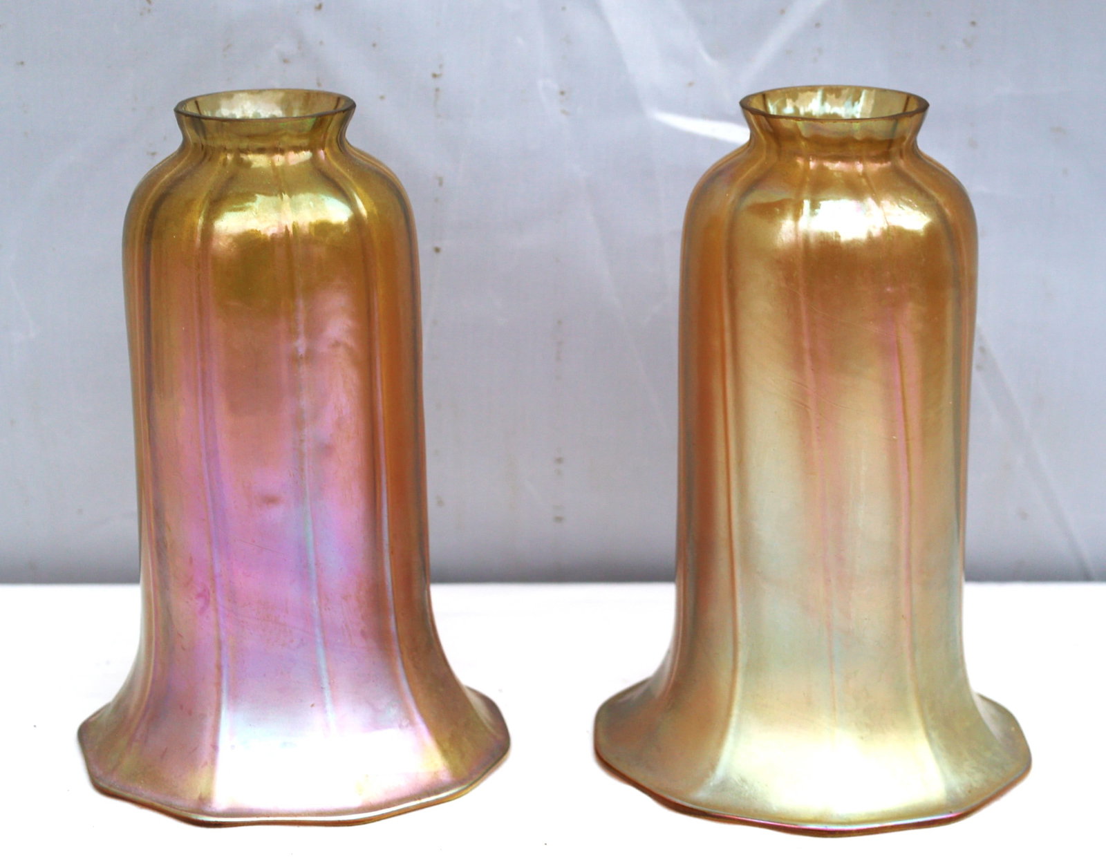 2 iridescent gold glass lily lamp shades resemble vintage Art Nouveau designs by manufacturers like (1 of 5)