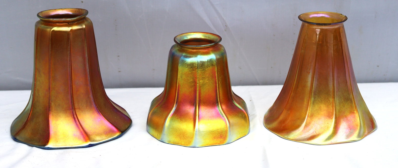 3 odd antique Steuben Gold Aurene art glass lamp shades feature a distinct ribbed design and vibrant (1 of 4)