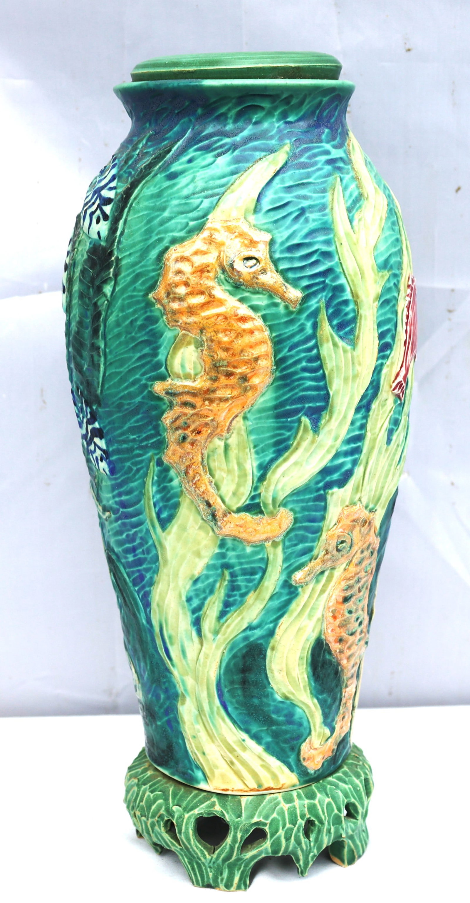 Cobridge Stoneware vase / lamp base featuring a seahorse pattern in blue and green (1 of 9)