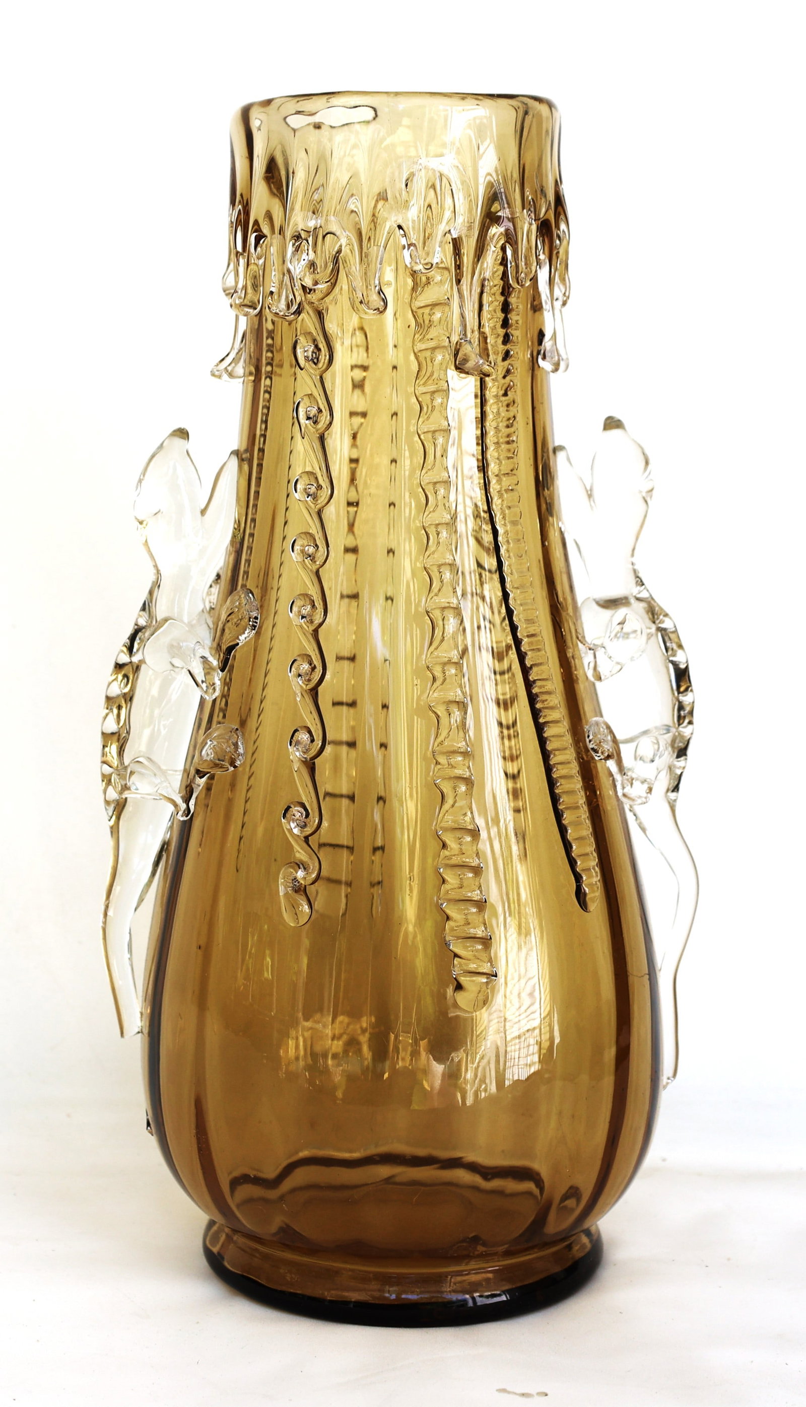 Unique Moser Glass Tall Vase with Applied Ice Cicles and Applied Lizards on Sides 13.75 in. height: Size: 13.75 in. height , 3,75 in. dia. top, 7 in. wide ; Unique Moser Glass Tall Vase with Applied Ice Cicles and Applied Lizards on Sides 13.75 in. height. note: one lizard tale is short.