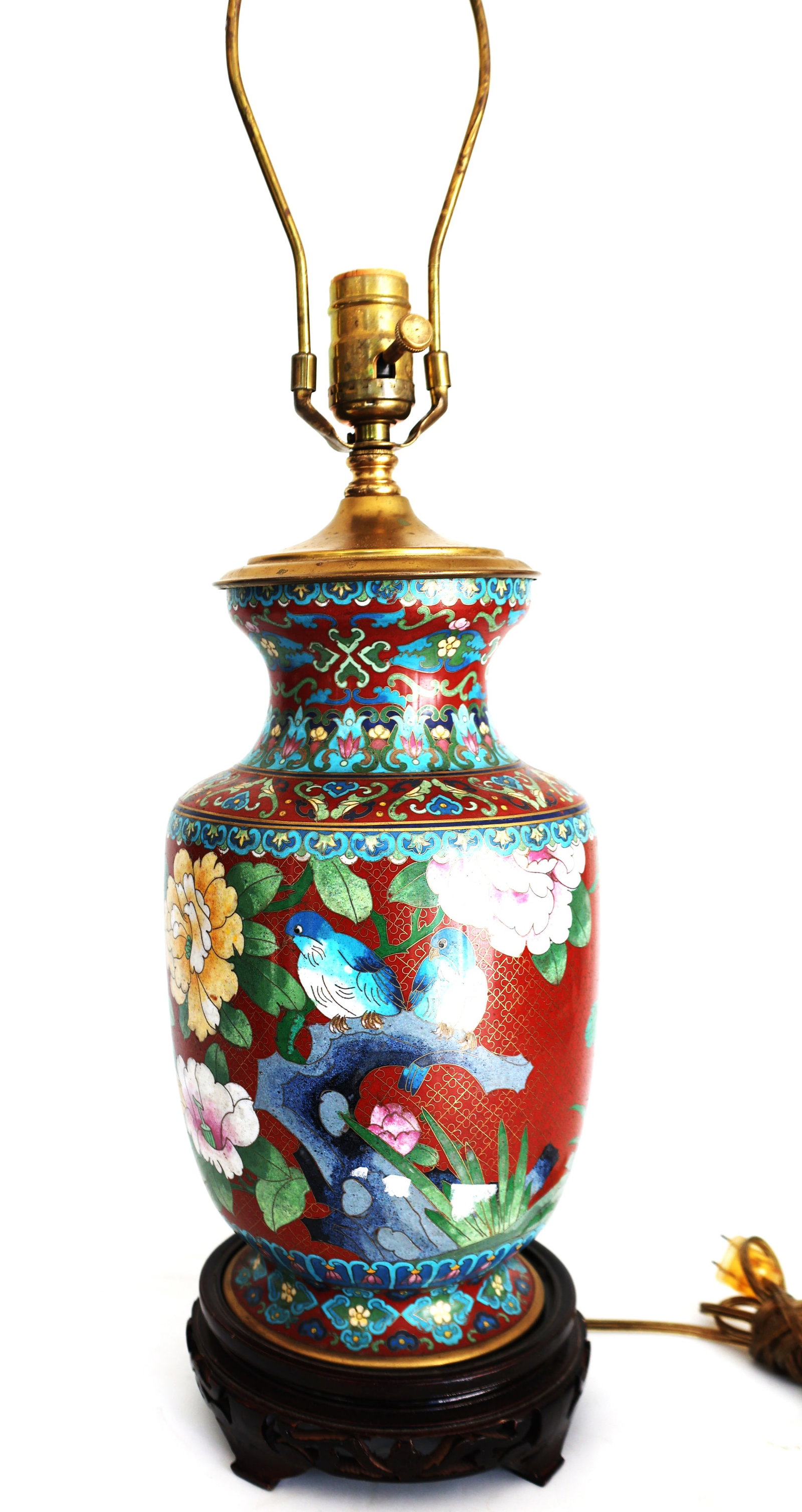 red Chinese cloisonné lamp features detailed floral and bird motifs, typically mounted on a dark wo (1 of 10)