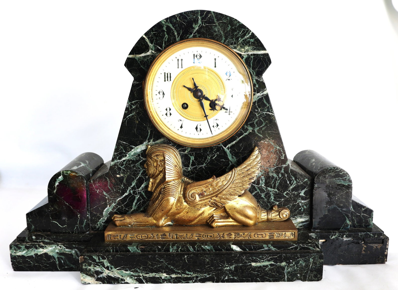French mantel clock features a distinct Egyptian Revival design, showcasing a green marble case ador (1 of 12)