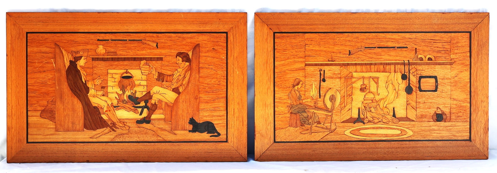 American Folk Art Exotic Woods 2 Colonial Interior Scene Wall Plaques (1 of 7)