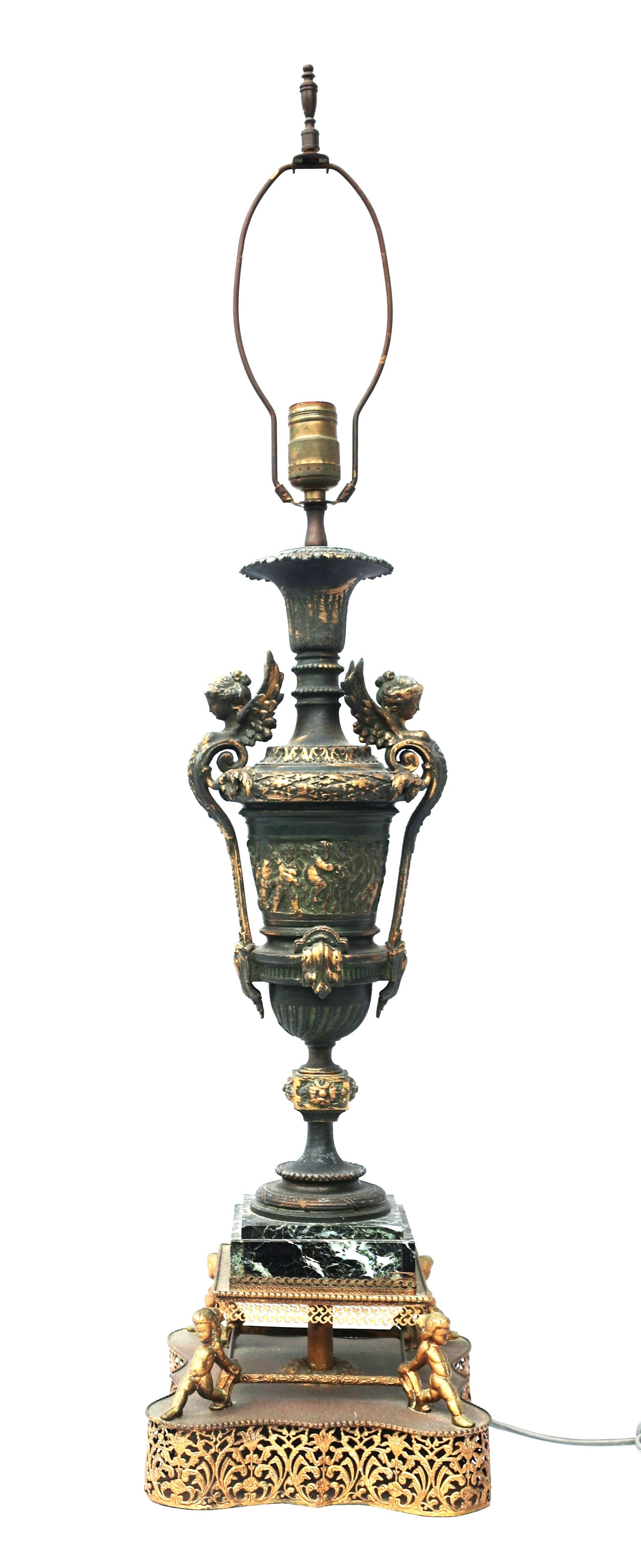 Renassiance Lamp Victorian spelter urn, featuring distinct winged cherub handles and a green marble (1 of 6)