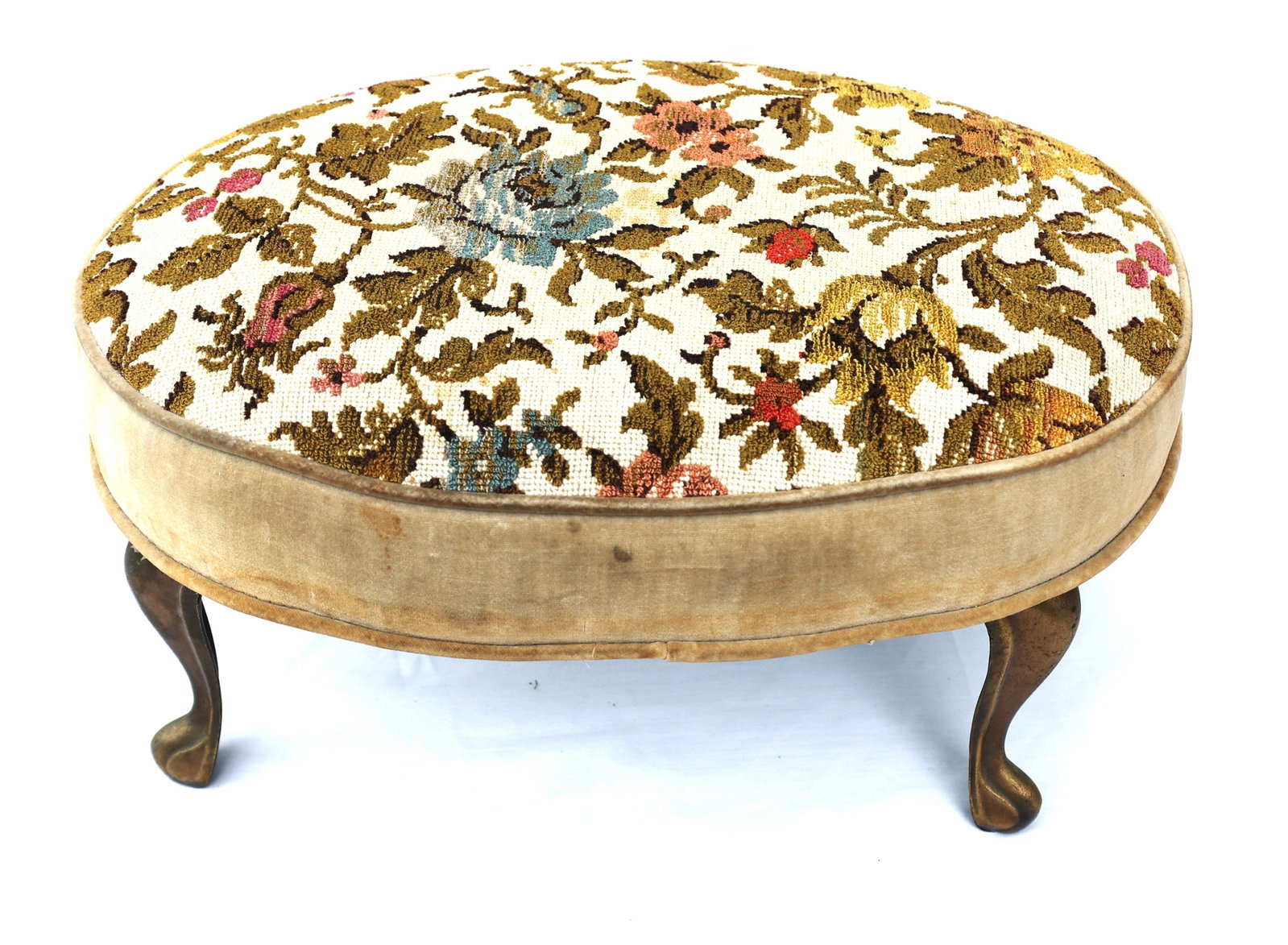 vintage needlepoint footstool featuring a floral pattern and metal cabriole legs (1 of 4)
