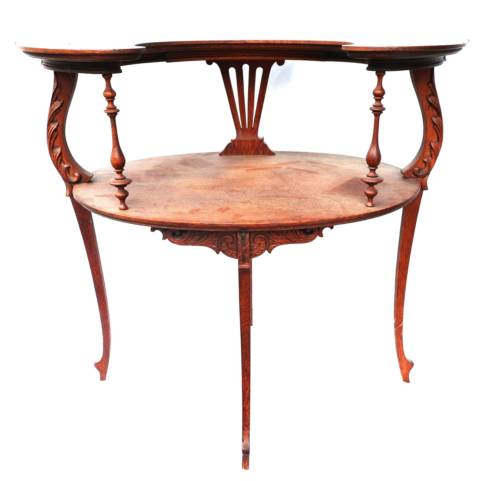 antique Late Victorian 2-tier oak etagere end table, often used for dessert serving. (1 of 5)
