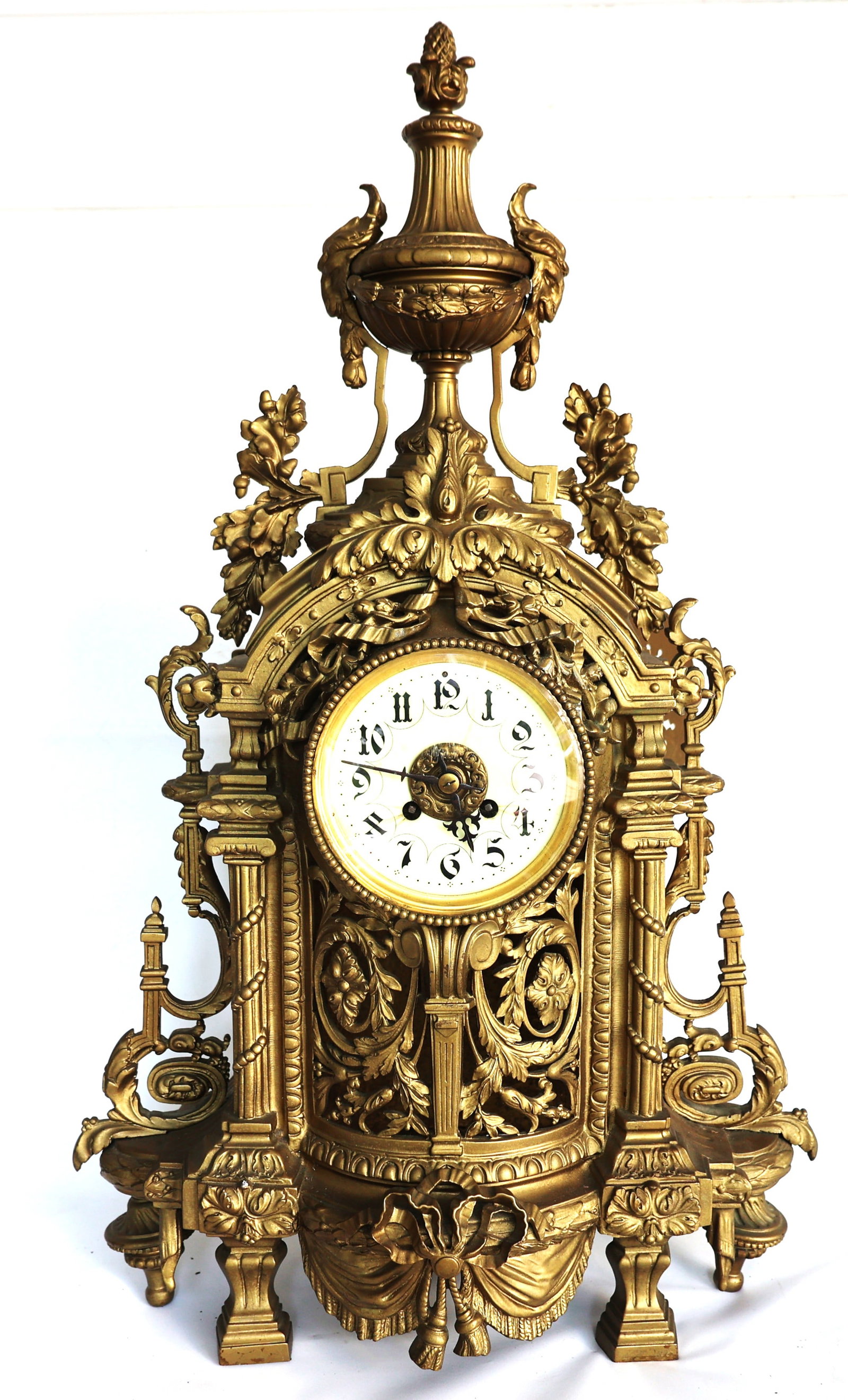 Large 28 inches ornate Italian mantle clock features a ornate gilt brass case, likely manufactured b (1 of 10)