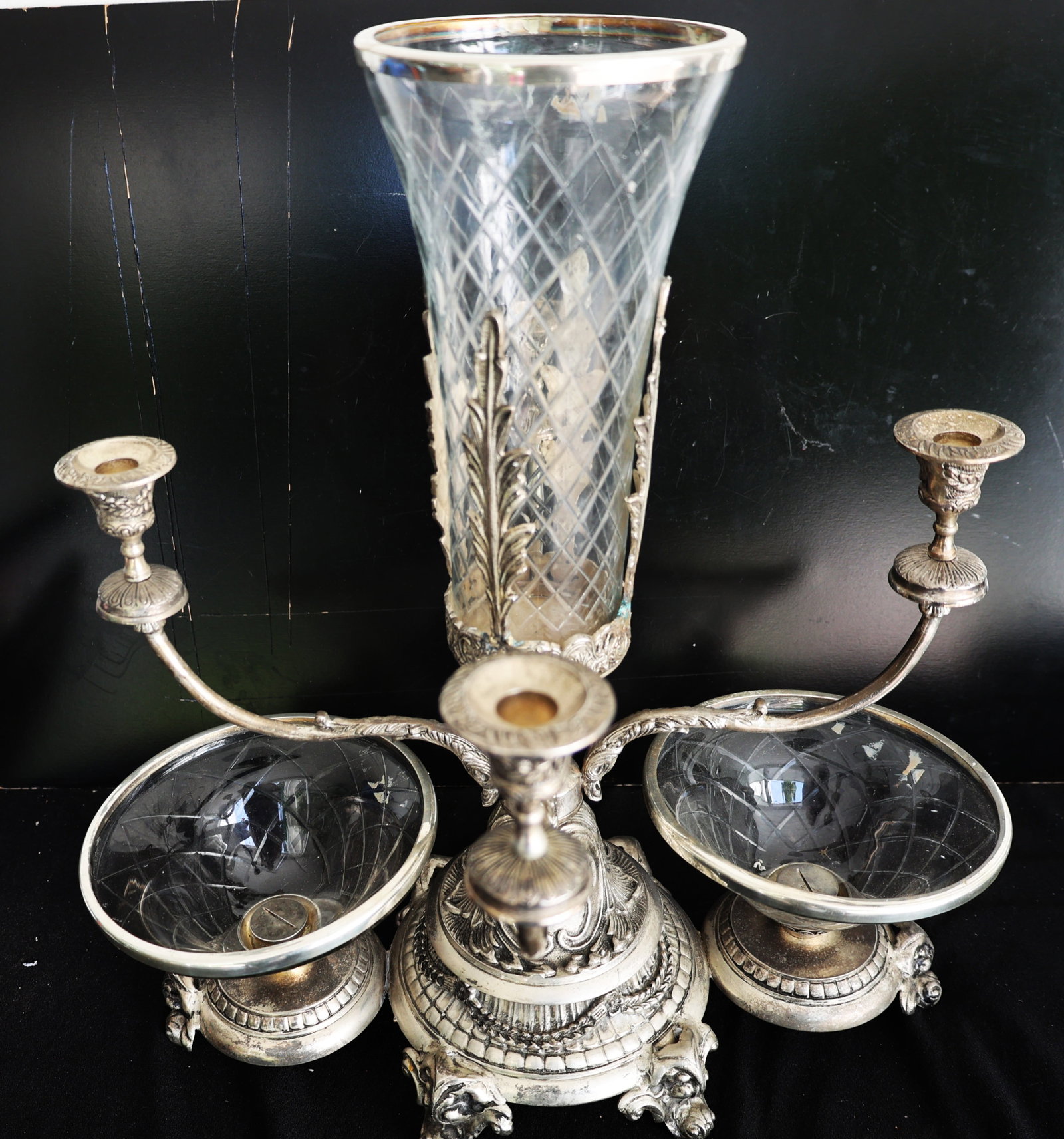 This is a vintage silver-plated epergne centerpiece featuring a large, central glass trumpet vase an (1 of 8)