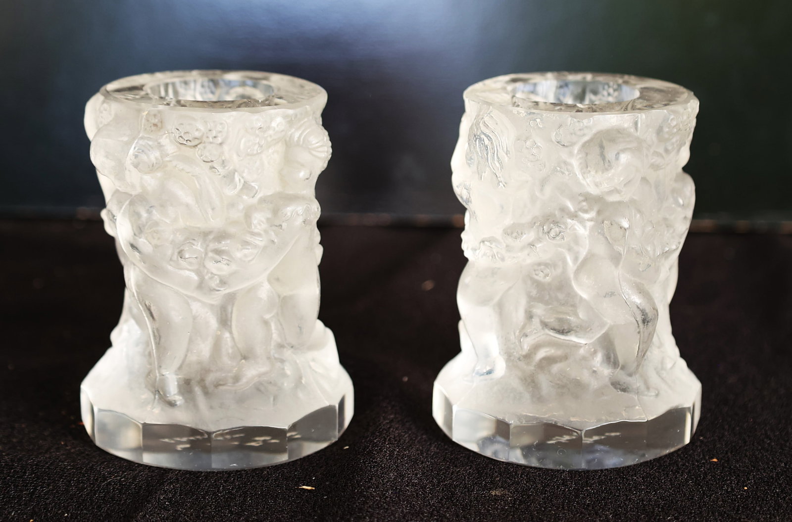 2 vintage signed R. Lalique figural art glass candle holders featuring cherub / putti designs (1 of 6)