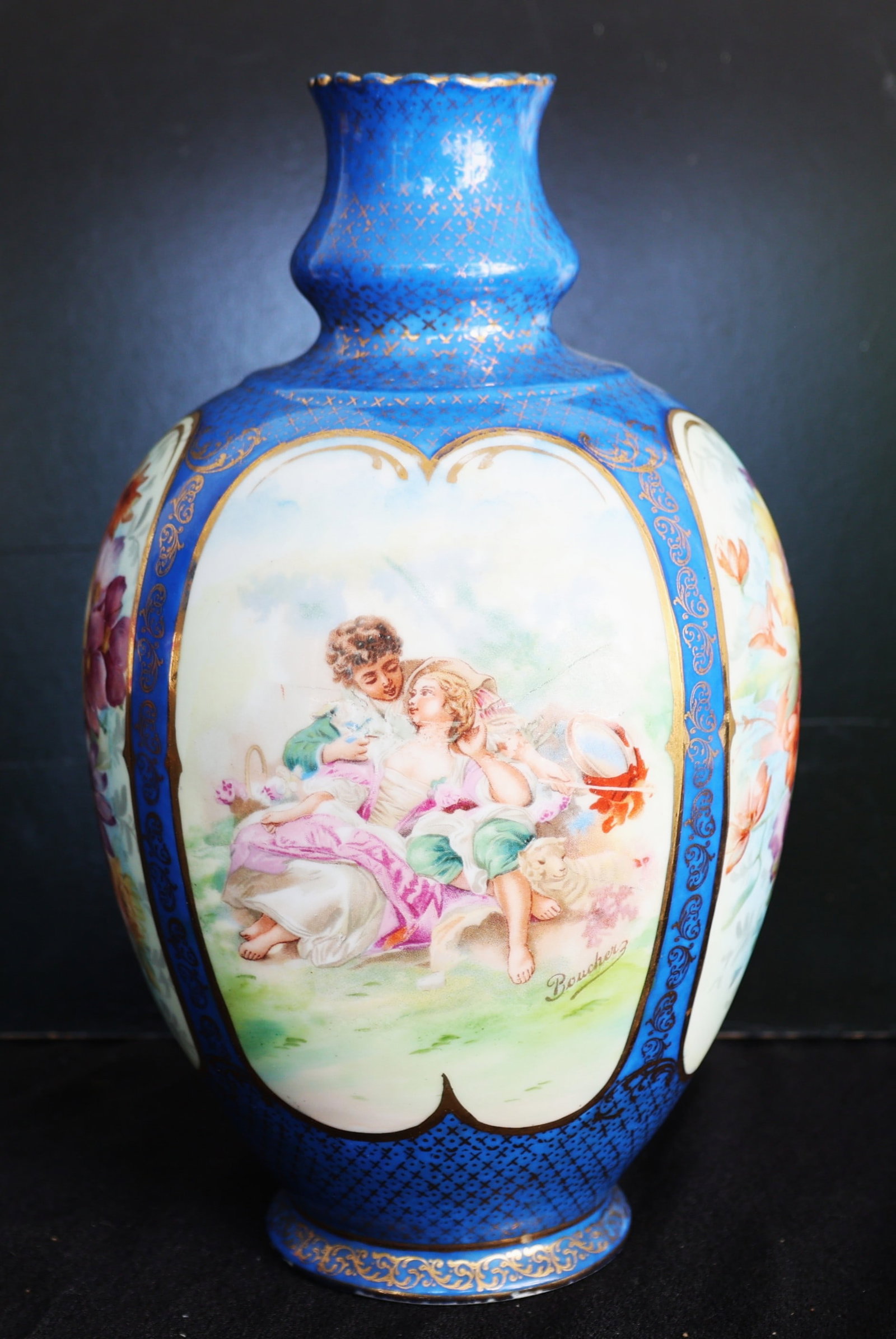 antique Dresden cobalt blue porcelain vase featuring a hand-painted romantic scene in the style of F (1 of 11)