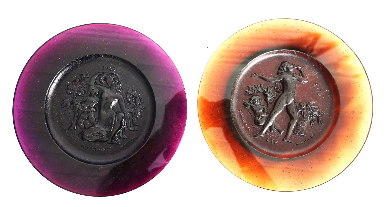 2 limited edition Daum France "Four Seasons" pâte de verre glass plates designed by artist Raymond (1 of 9)