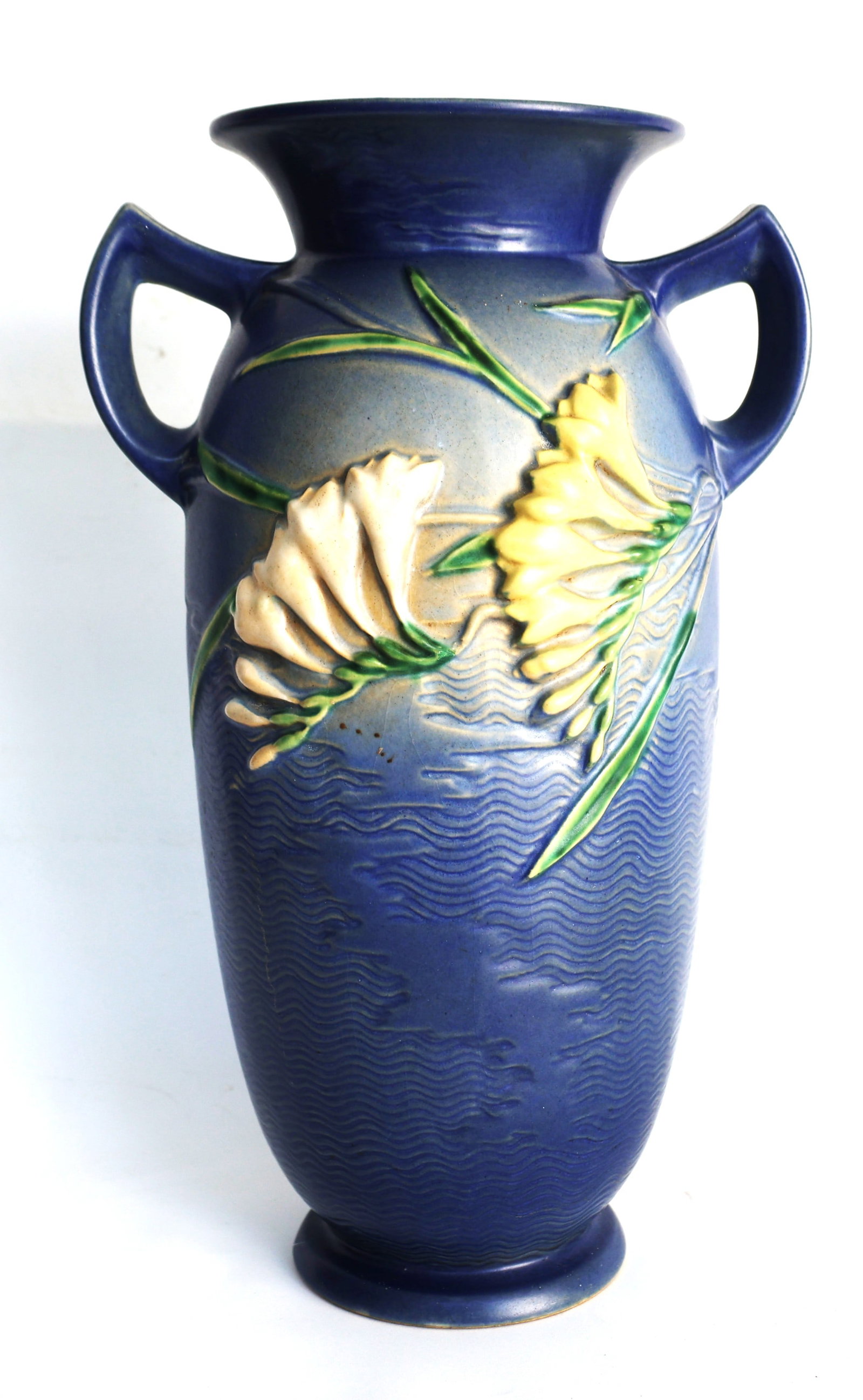 vintage Roseville pottery vase from the "Freesia" pattern, featuring yellow flowers against a blue b (1 of 7)