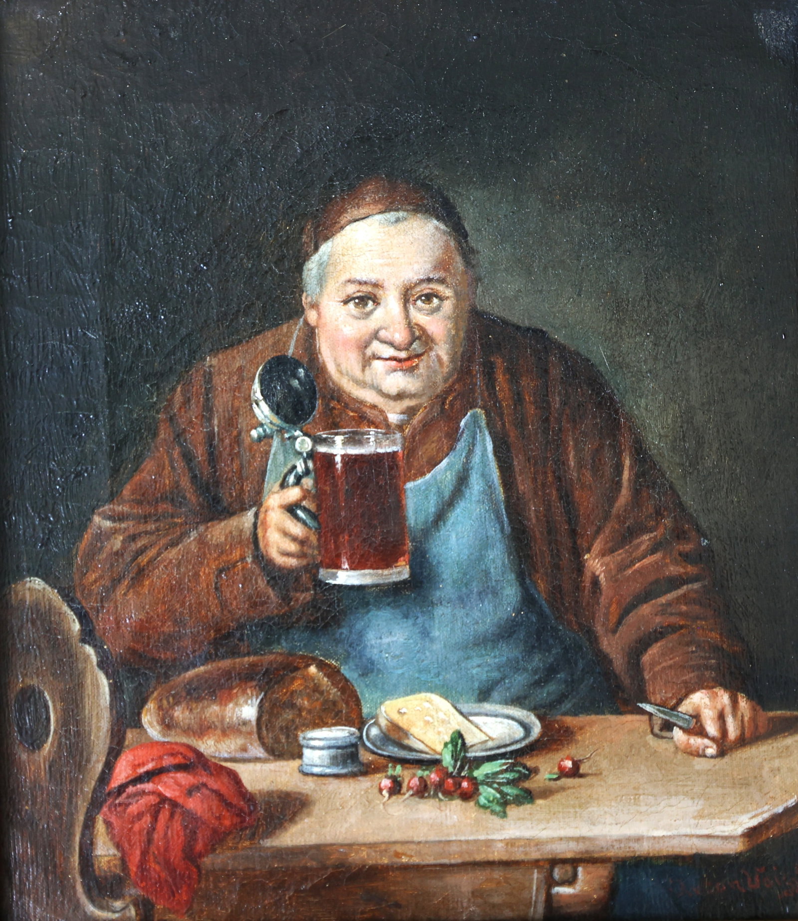 Monk drinking mug of brew, Signed Anton Volge, 19th C. Oil on Canvas Painting, Framed (1 of 8)