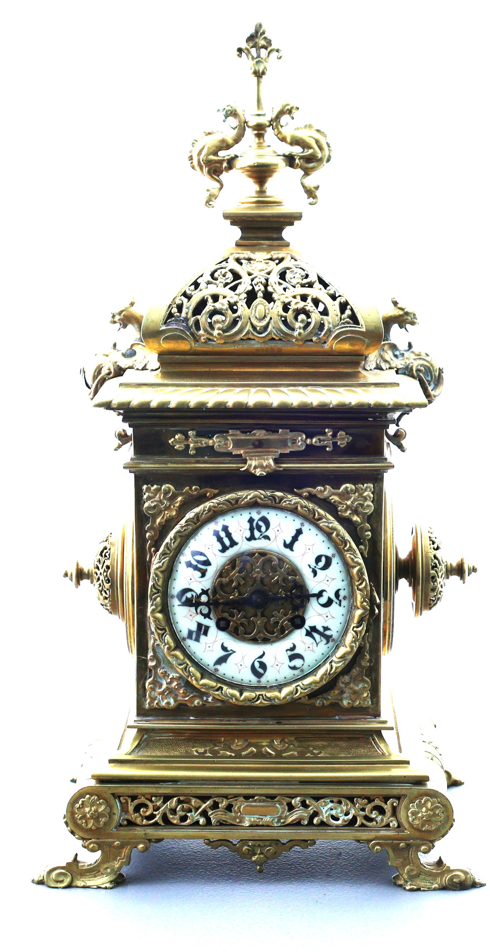 Ornate Brass French Mantle Clock with Porcelain Dial, has Key and Pendulum (1 of 9)