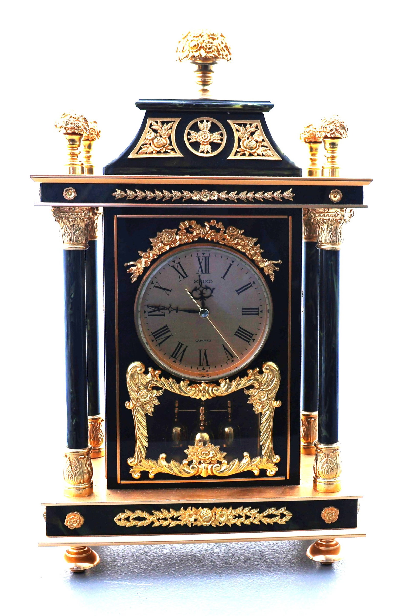 Seiko French-style mantle clock, featuring a quartz movement and faux black marble with gilt accents (1 of 12)