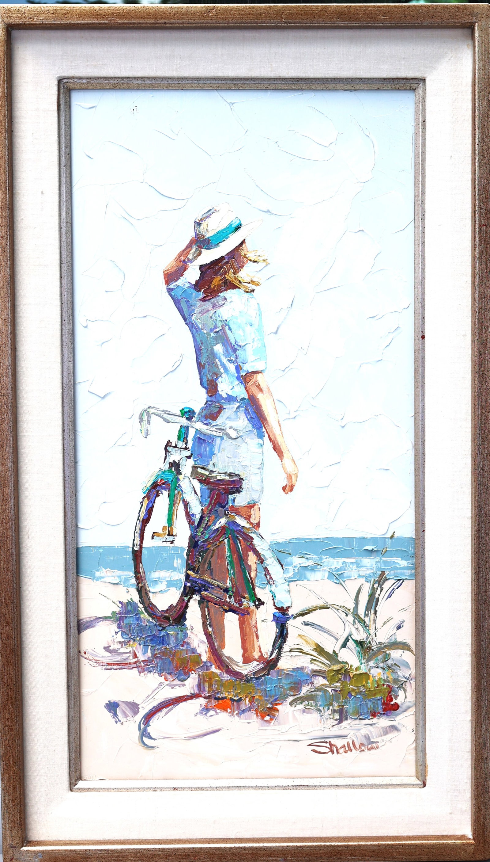 Quality Signed Oil Painting Young Woman with bicycle on a sandy beach, Framed (1 of 5)