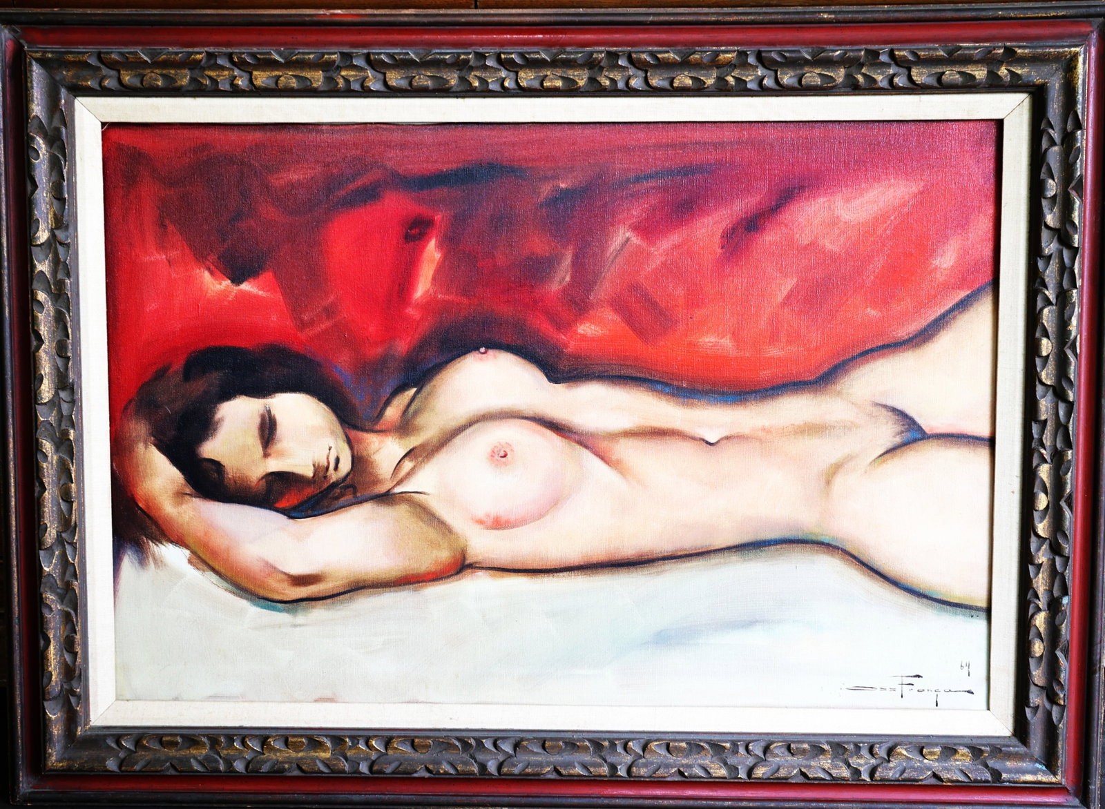 OZZ FRANCA, Reclining Nude Painting, Oil on Canvas, Original Frame, Signed and Dated 1964 (1 of 4)
