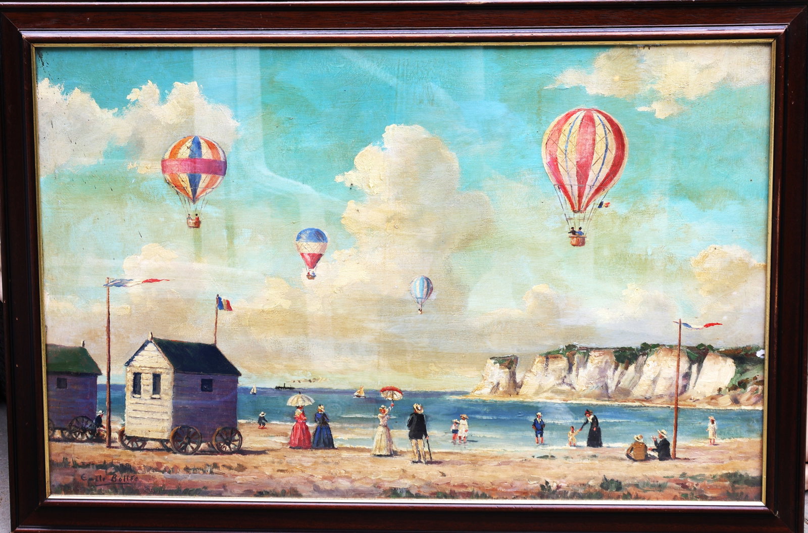 Emile Bollee, Oil Painting FRENCH SEASIDE VIEW WITH HOT AIR BALLOONS, Signed: Size: image 26 in. x 41 in. ; outer frame 31 in. x 46 in. ; Emile Bollee, Oil Painting FRENCH SEASIDE VIEW WITH HOT AIR BALLOONS, Signed