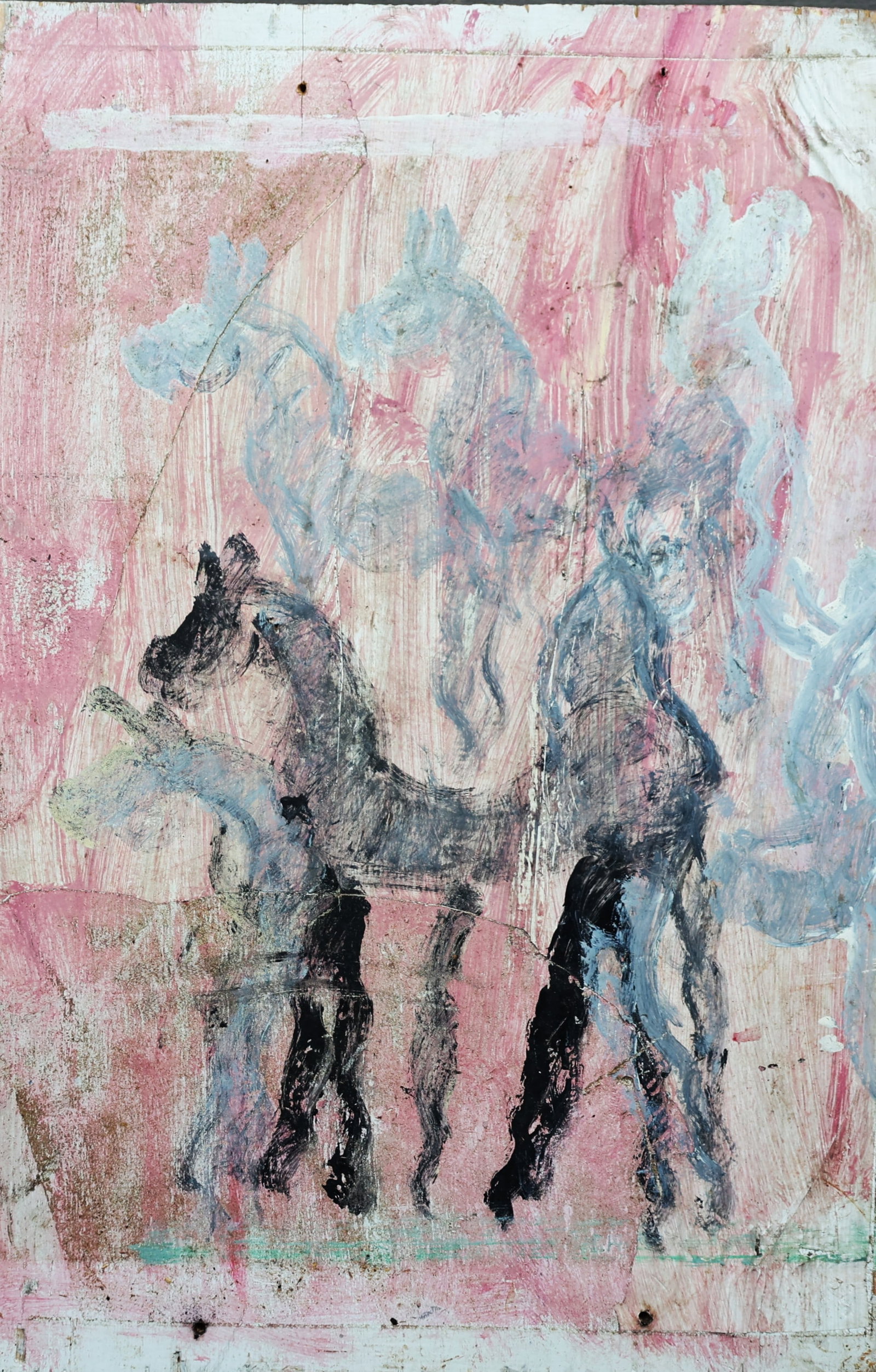 Purvis Young 1943-2010 Florida, Folk Art Painting on Wood Panel Horses and Figures, Signed: Size: 17 in. x 11 1/4 in. ;Purvis YoungName variantsPervis YoungBiography from the Archives of askARTPurvis Young biographical photoThe work of the urban black vernacular artist, Purvis Young, has