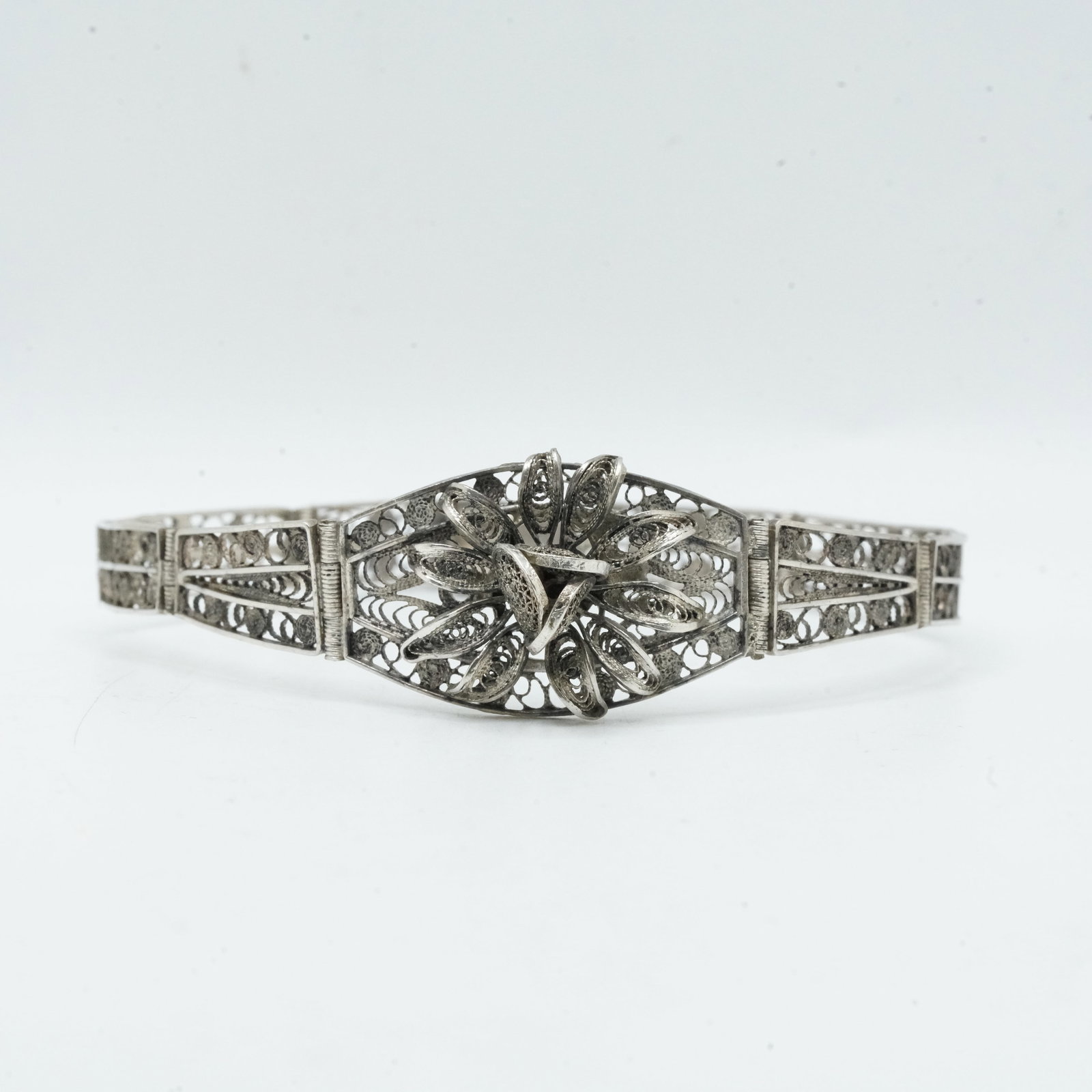 .800 Silver 12.56 Grams, 1902 Victorian Filigree Bracelet with Applied Filigree Flower 7 1/4 in. (1 of 10)