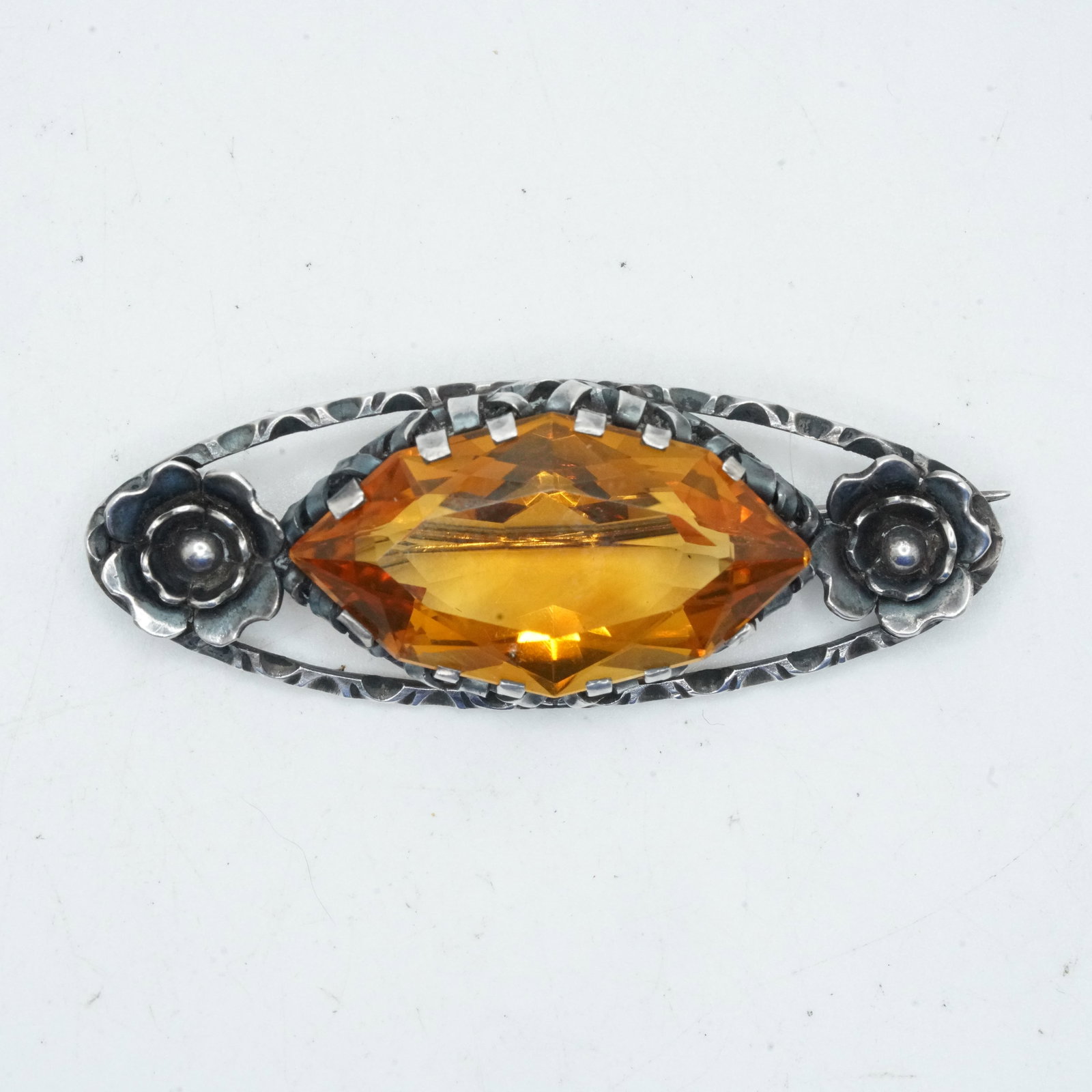 Sterling Silver 10.46 Grams, Victorian Oval Rosettes and Citrine Pin, 2 nches x 3/4 in.: Sterling Silver 10.46 Grams, Victorian Oval Rosettes and Citrine Pin, 2 nches x 3/4 in.