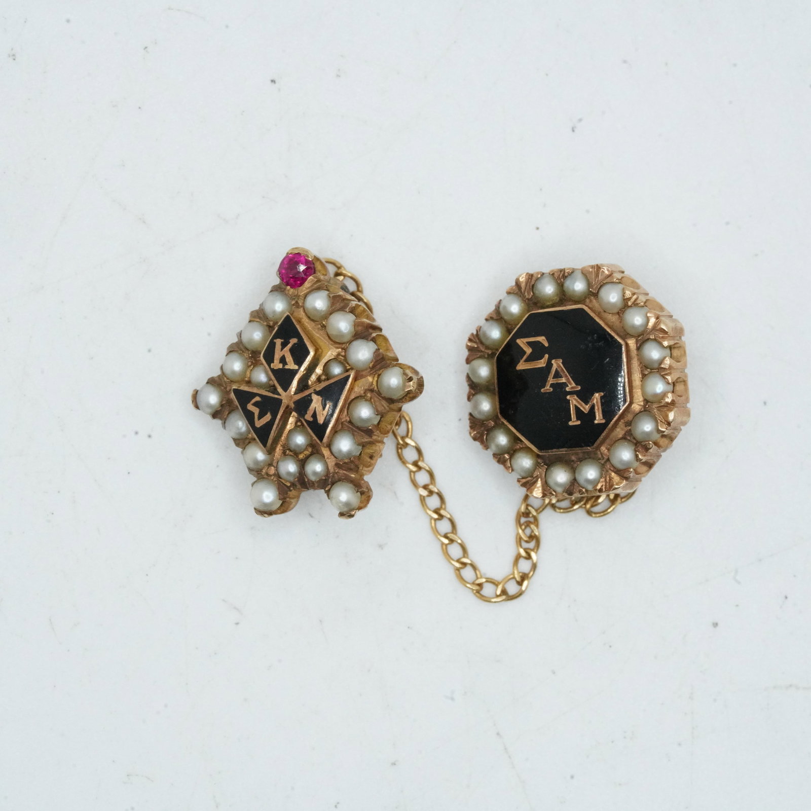 14K Gold 5.00 DWT Sorority Pin with Seed Pearls, Black Onyxand Ruby , 1 1/8 in. x 1/2 in. each: 14K Gold 5.00 DWT Sorority Pin with Seed Pearls, Black Onyxand Ruby , 1 1/8 in. x 1/2 in. each