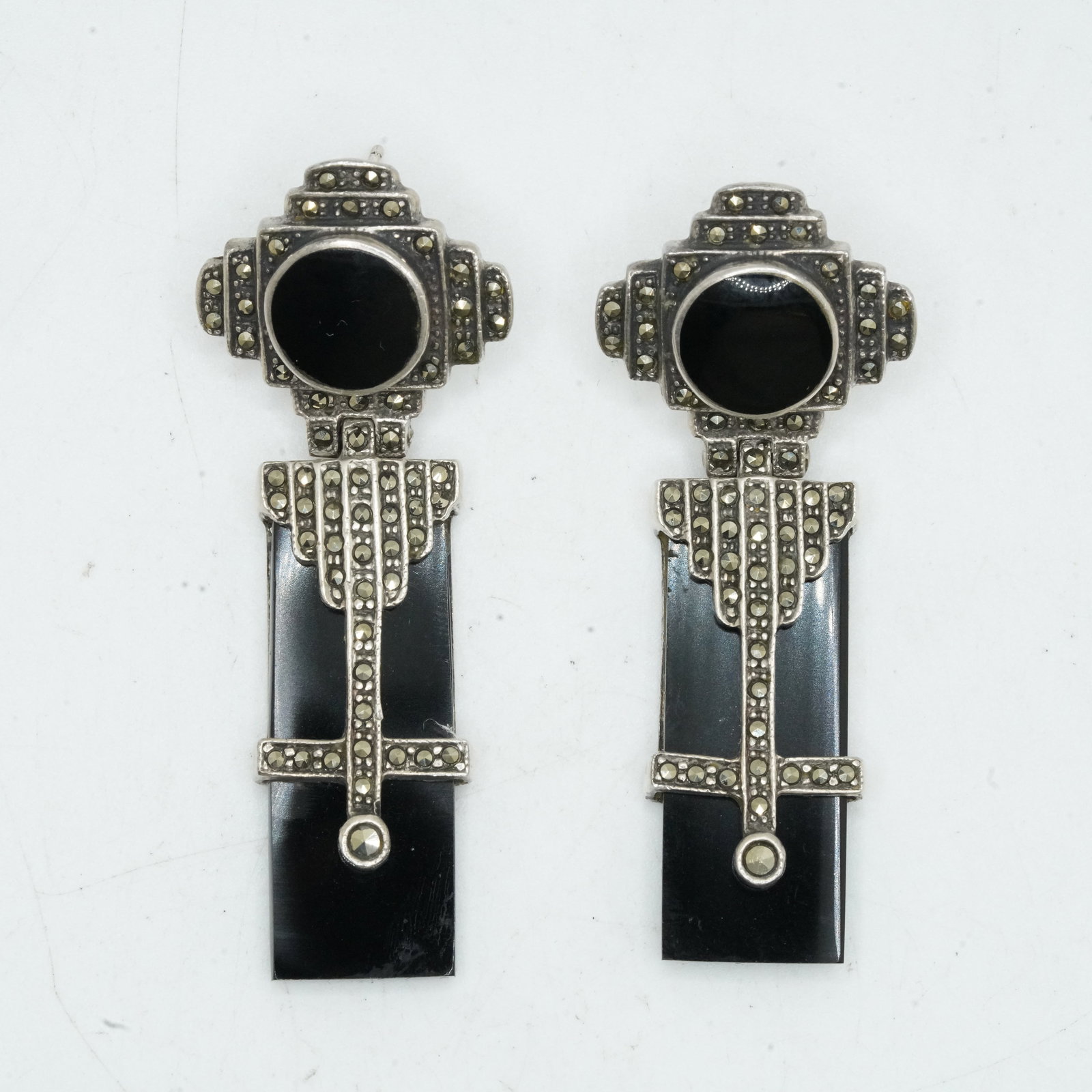 .925 Sterling Silver 24.85 Grams, Rare 1920s Elegant Art Deco Black Onyx & Marcasites Earrings (1 of 8)