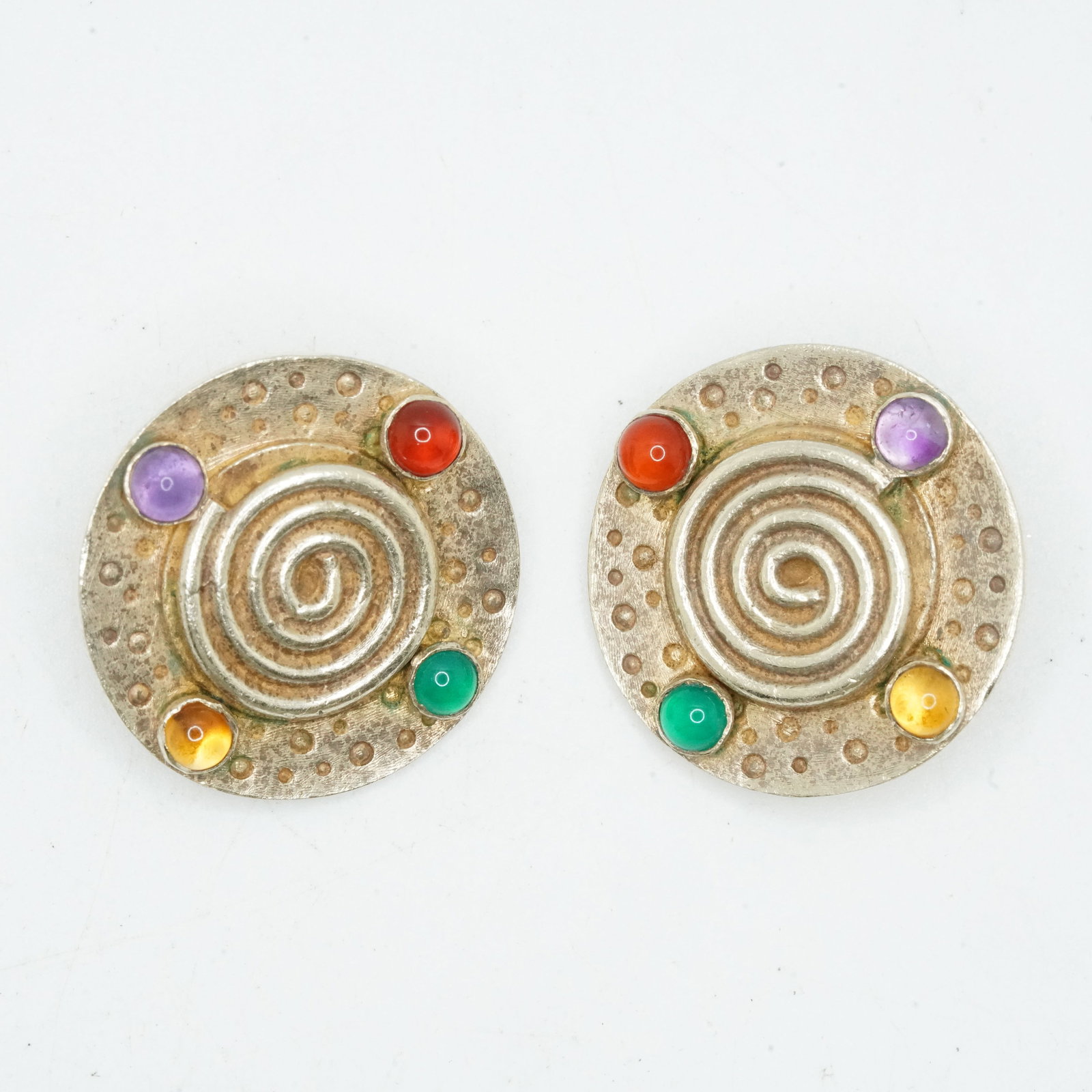 19.13 Grams .925 Sterling Silver Vintage Gold Brushed Sterling with Gemstones Clip-on Earrings: 19.13 Grams .925 Sterling Silver Vintage Gold Brushed Sterling with Gemstones Clip-on Earrings, Signed Grzyb 925, Size: 1 in. dia.