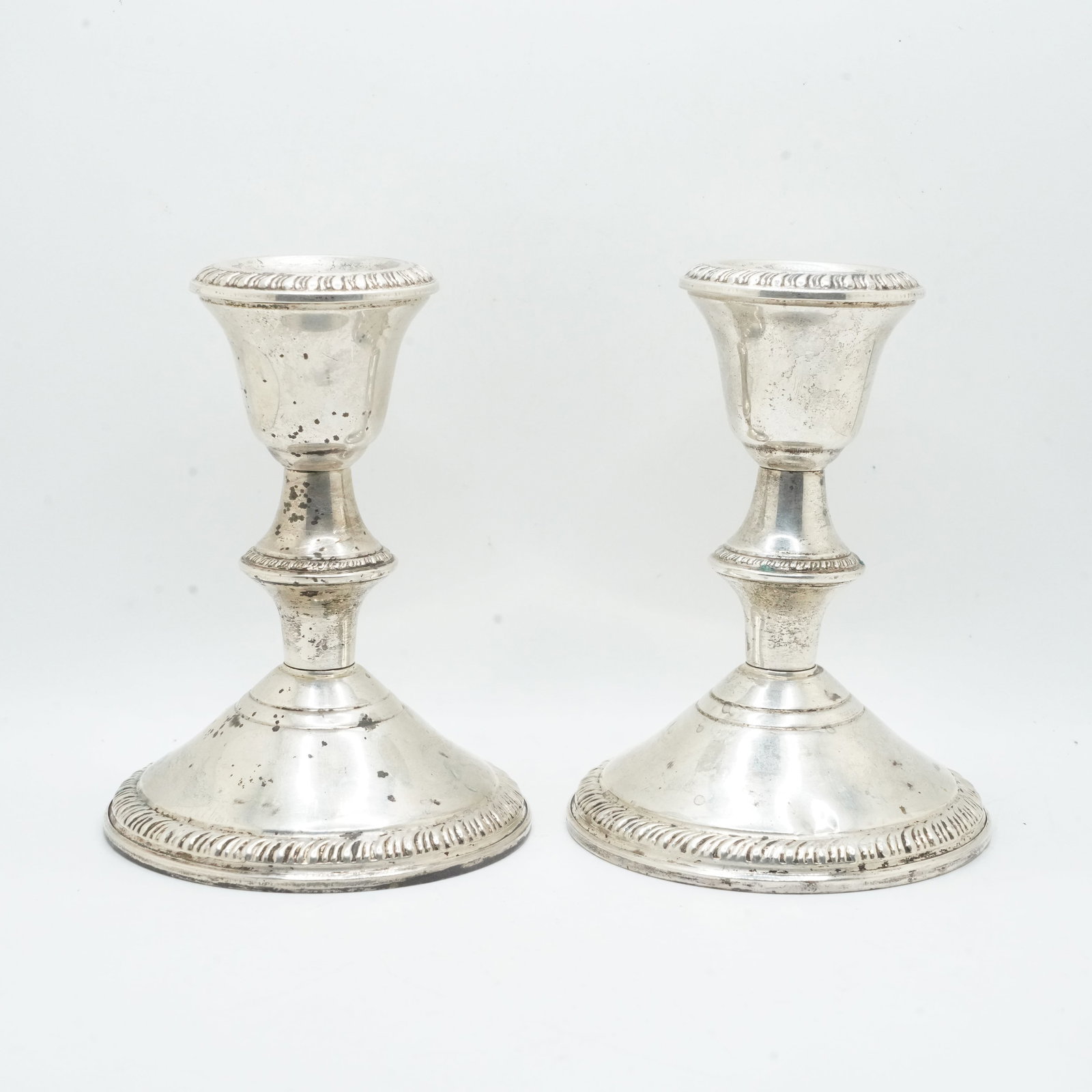 Pair Poole Sterling Silver Weighted Candlesticks 4 1/4 in. height x 3 1/4 in. diameter base: Pair Poole Sterling Silver Weighted Candlesticks 4 1/4 in. height x 3 1/4 in. diameter base