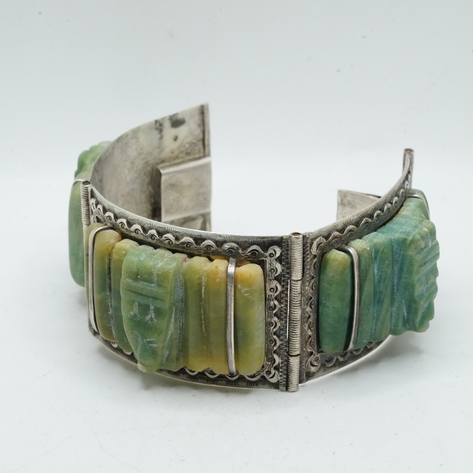 140.27 Grams Sterling Silver and Jade 3-Panel God Bracelet, marked Silver Mexico, 7 1/2 in. x 1 1/2: 140.27 Grams Sterling Silver and Jade 3-Panel God Bracelet, marked Silver Mexico, 7 1/2 in. x 1 1/2 in.