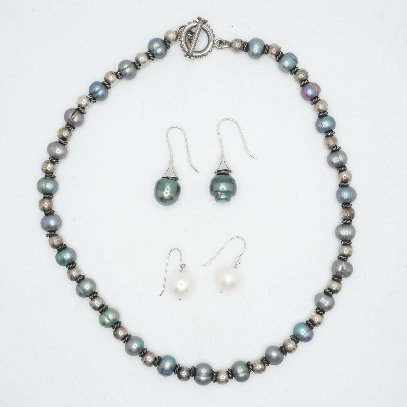 .925 Tahitian Cultured Freshwater Pearls and Sterling Beads with Toggle Closure Necklace; (1 of 10)