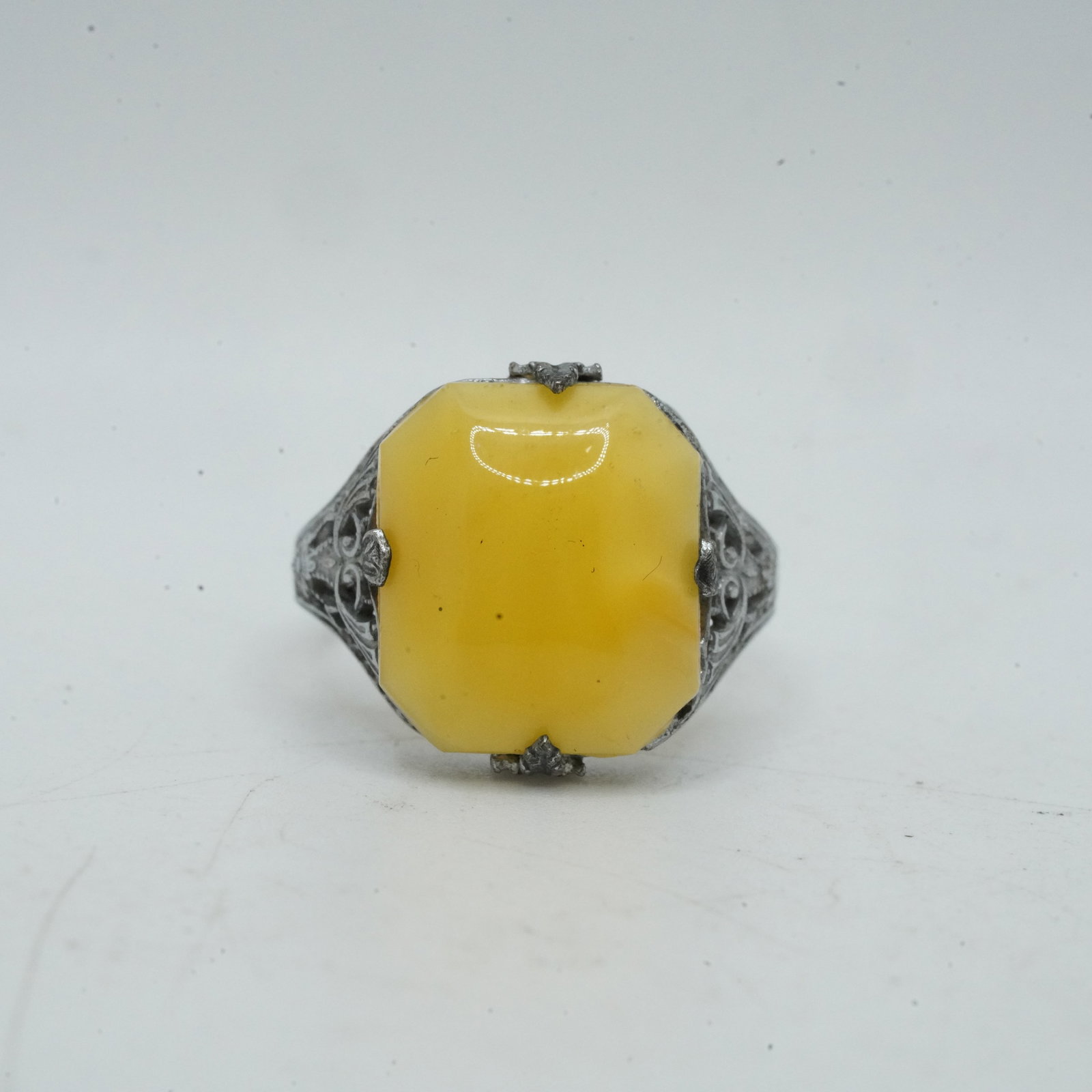 3.45 Grams Sterling Silver Butter Scotch Amber Filigree Ring Size 7 , 7/8 in. x 3/4 in. (1 of 10)