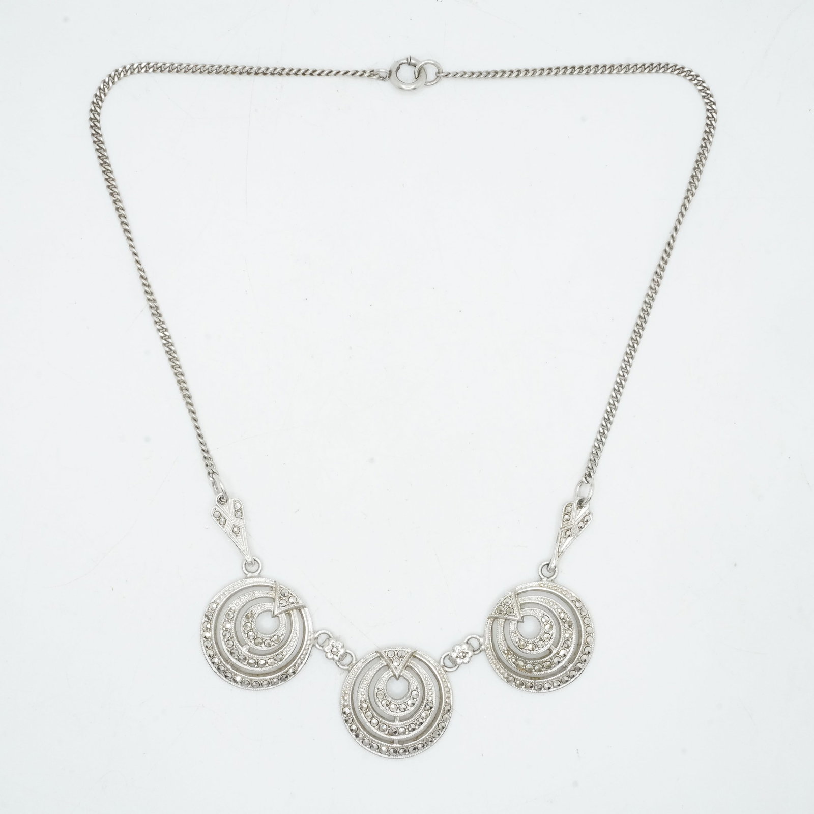 20.06 Grams .925 Sterling Silver and Marcasites Art Deco Style 3-Ring Necklace 16 inches x 1 in.: 20.06 Grams .925 Sterling Silver and Marcasites Art Deco Style 3-Ring Necklace 16 inches x 1 in.