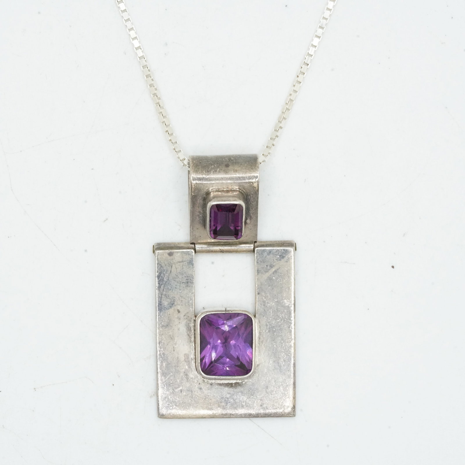25.57 Grams .950 Sterling Silver Pendant Necklace with 2 Purple Sapphires on .925 Italy 20 in. Chain: 25.57 Grams .950 Sterling Silver Pendant Necklace with 2 Purple Sapphires on .925 Italy 20 in. Chain, Pendant Size 2 in. x 1 1/8 in. ; Mexico 950 TS-182