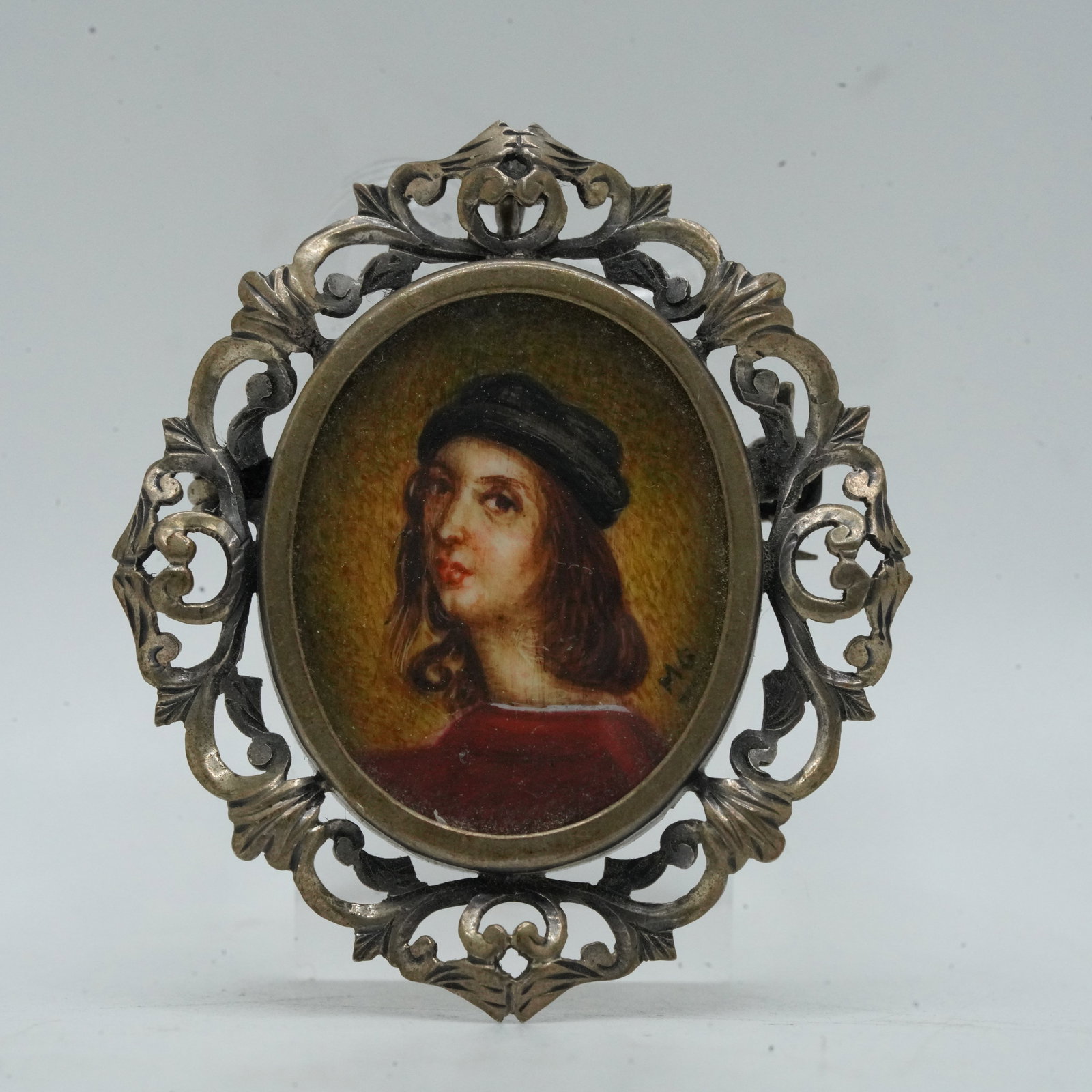 6.47 Grams .800 Silver Signed MG Miniature Painting Portrait Pin, 1 3/4 in. x 1 1/4 in.: 6.47 Grams .800 Silver Signed MG Miniature Painting Portrait Pin, 1 3/4 in. x 1 1/4 in.