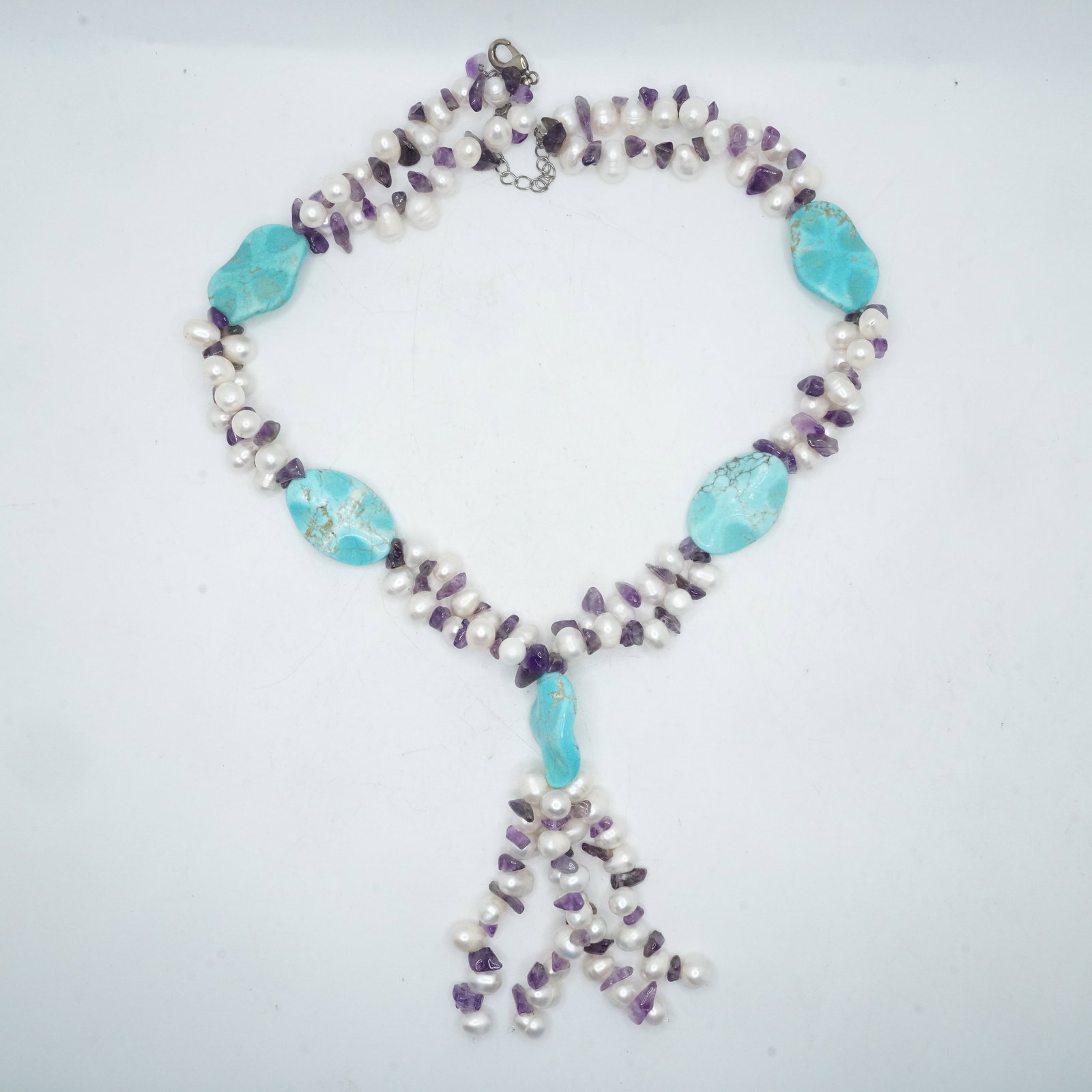 HDNY .925 Sterling Clasp Freshwater Cultured Baroque Pearls, Amethyst Chips and Large: HDNY .925 Sterling Clasp Freshwater Cultured Baroque Pearls, Amethyst Chips and Large Turquoise Stones Necklace 18 in. extends to 21 in. x 7/8 in.; 4 in tassel;
