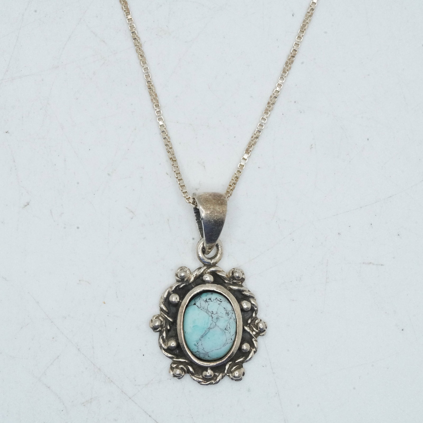 4.44 Grams .925 Sterling Silver Turquoise Pendant Necklace on .925 Sterling 18 in. Chain: 4.44 Grams .925 Sterling Silver Turquoise Pendant Necklace on .925 Sterling 18 in. Chain , pendant size 1 in. x 5/8 in.