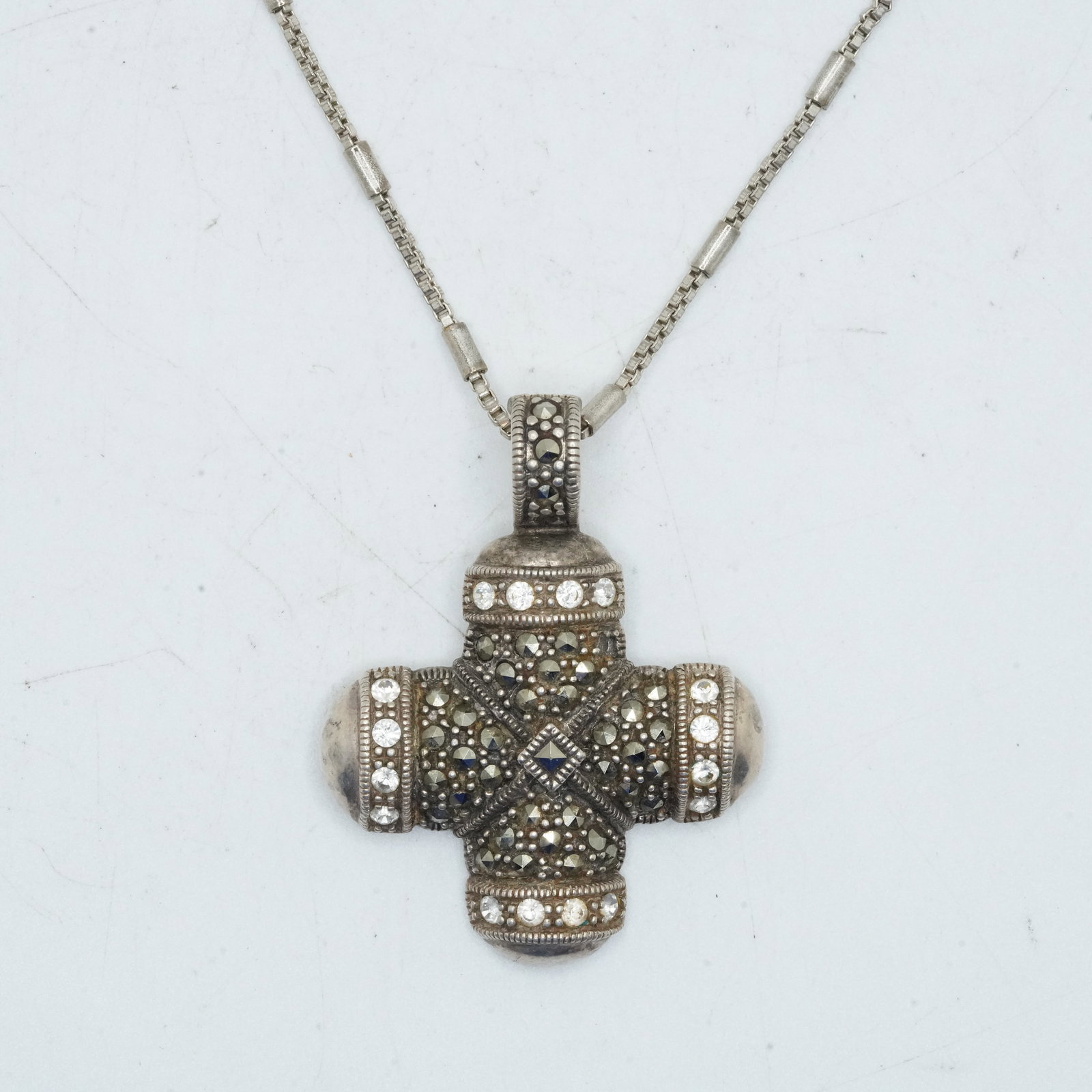 12.71 Grams .925 Sterling Silver with Marcasites & CZ Cross Pendant Necklace on .925 Chain 18 in.: 12.71 Grams .925 Sterling Silver with Marcasites & CZ Cross Pendant Necklace on .925 Chain 18 in., Pendant Size 1 1/4 in. 1 1/2 in.