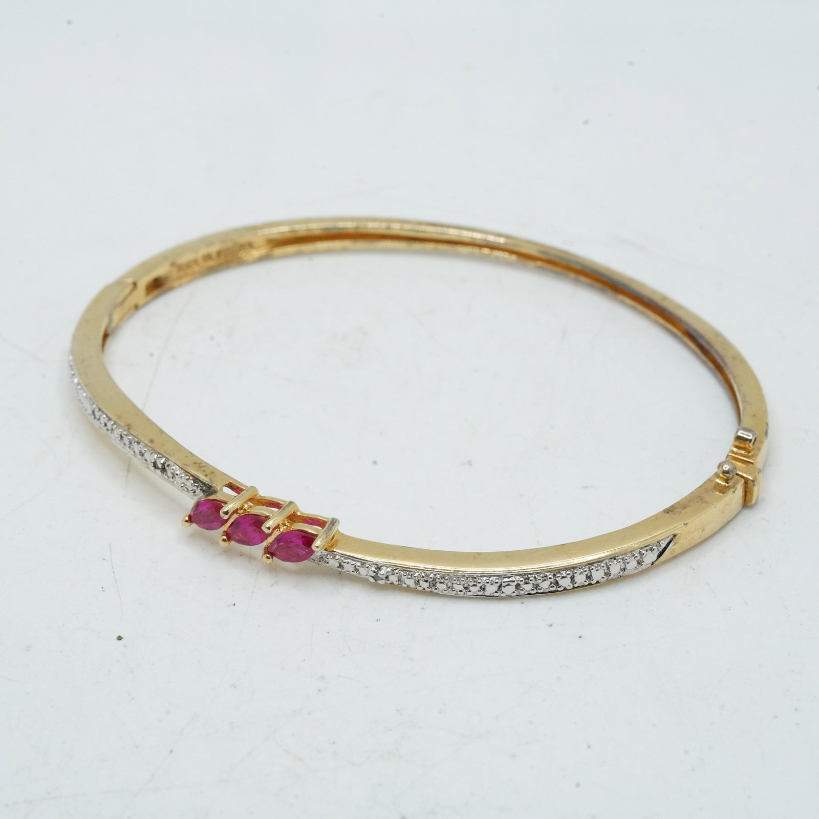 12.67 Grams .925 Sterling Silver Vermeil 3 Rubies, 2 Diamonds Bangle Bracelet , 2 3/4 in. x 2 1/4 in (1 of 9)