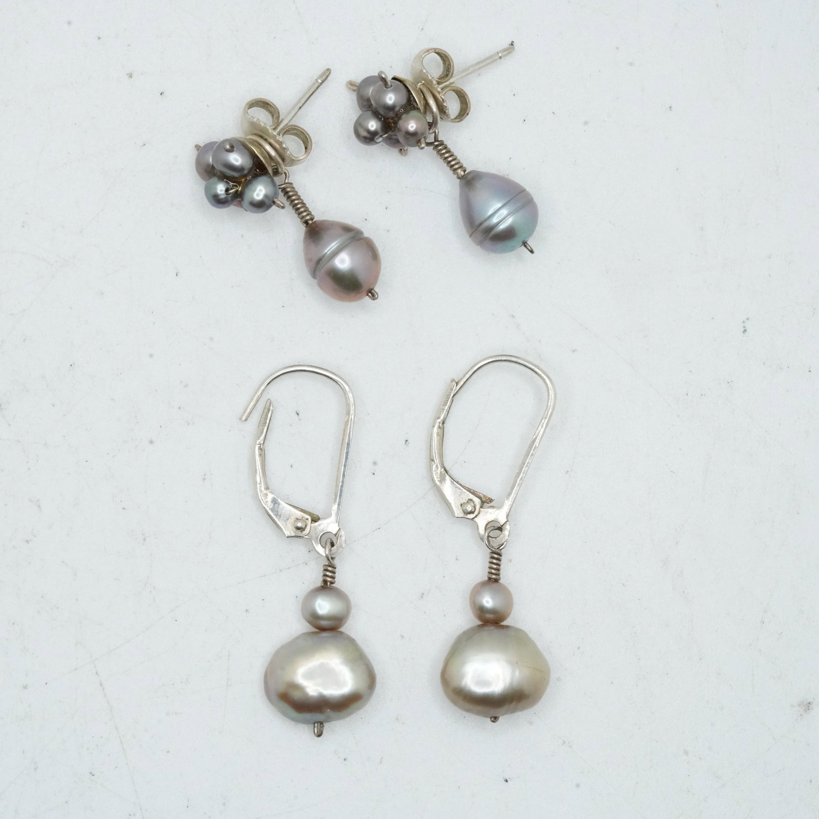 4.50 Grams .925 Sterling Silver Genuine Freshwater Lavender Pearl Clusters with Lavender: 4.50 Grams .925 Sterling Silver Genuine Freshwater Lavender Pearl Clusters with Lavender Drop Enhancers 3/8 in. x 3/4 in. ; .925 Freshwater Silvertone Pearl Drop Earrings 1 1/4 in x 3/8 in.