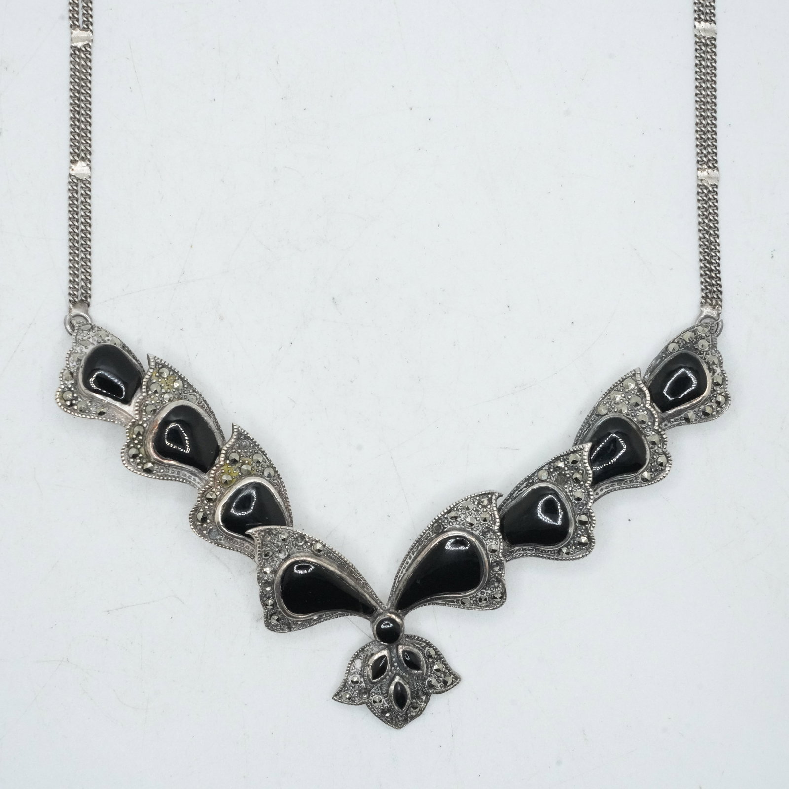 27.47 Grams .925 Sterling Silver Vintage Black Onyx with Marcasites Cascading Down to Drop Necklace (1 of 12)