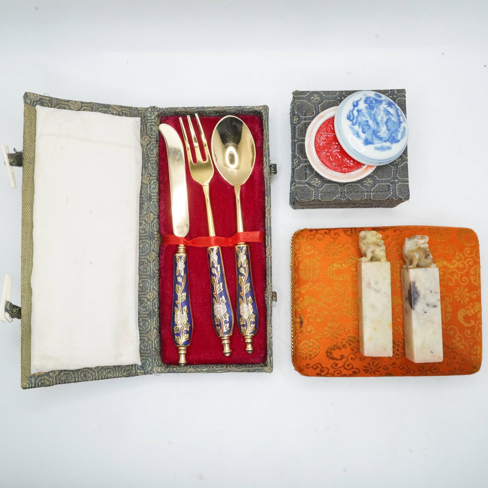 Chinese Stamps, Wax in Chinese Trinket Box, Chinee Utensil Set Cloisonne: Chinese Stamps 2 1/2 in. x 1/2 in. , box 4 in. x 3 1/4 in., Wax in Chinese Trinket Box 2 1/2 in. x 2 1/2 in. x 1 1/4 in., Chinee Utensil Set Cloisonne 5 1/2 in. x 1/2 in. each, box 6 in. 2 3/4
