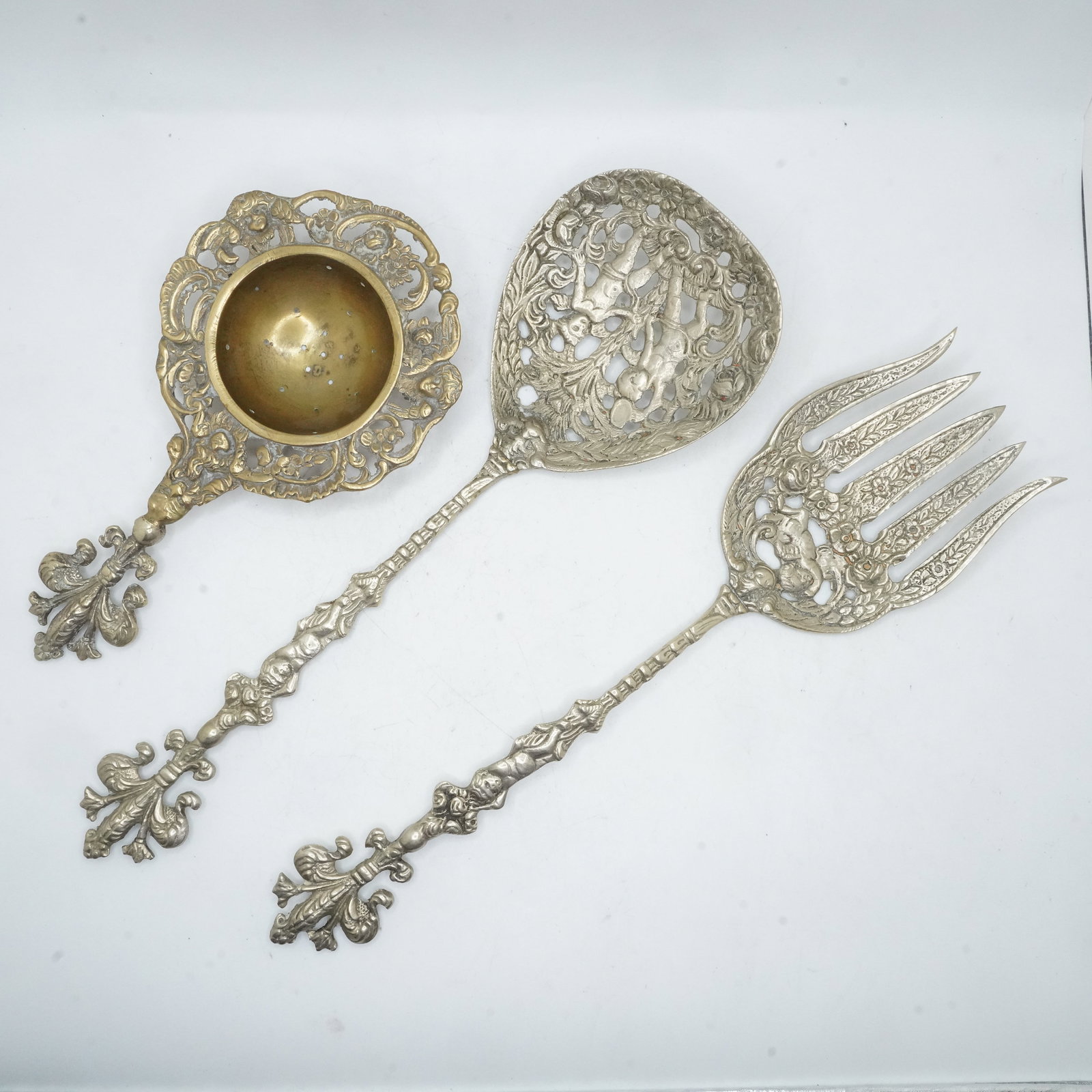 Very Oranate Nickle Plated Brass Italian Cherub Salad Set & Ornate Brass Tea Strainer Satyr (1 of 14)