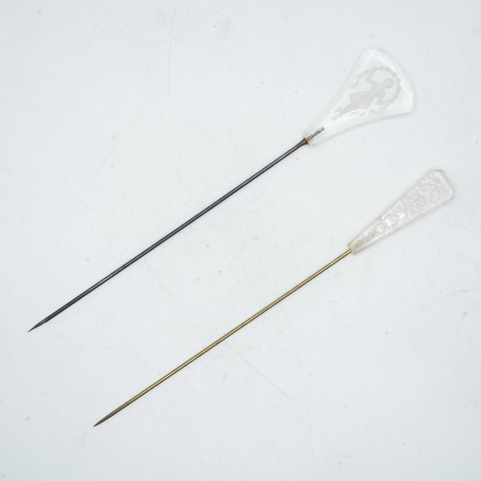 2 Edwardian Hat Pins: Etched Floral Design 5 3/4 in. x 1/2 in. & Etched Lady 6 in. x 1 in. (1 of 5)