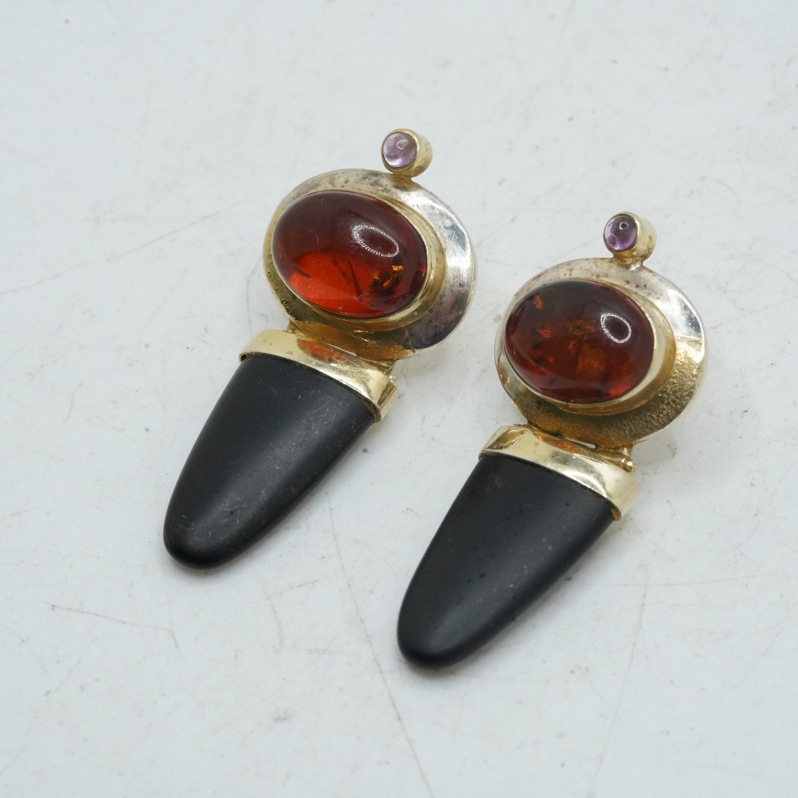 11.21 Grams .925 Sterling Silver Vermeil Amber and Black Onyx Drop Earrings Mid-Century Modern (1 of 9)