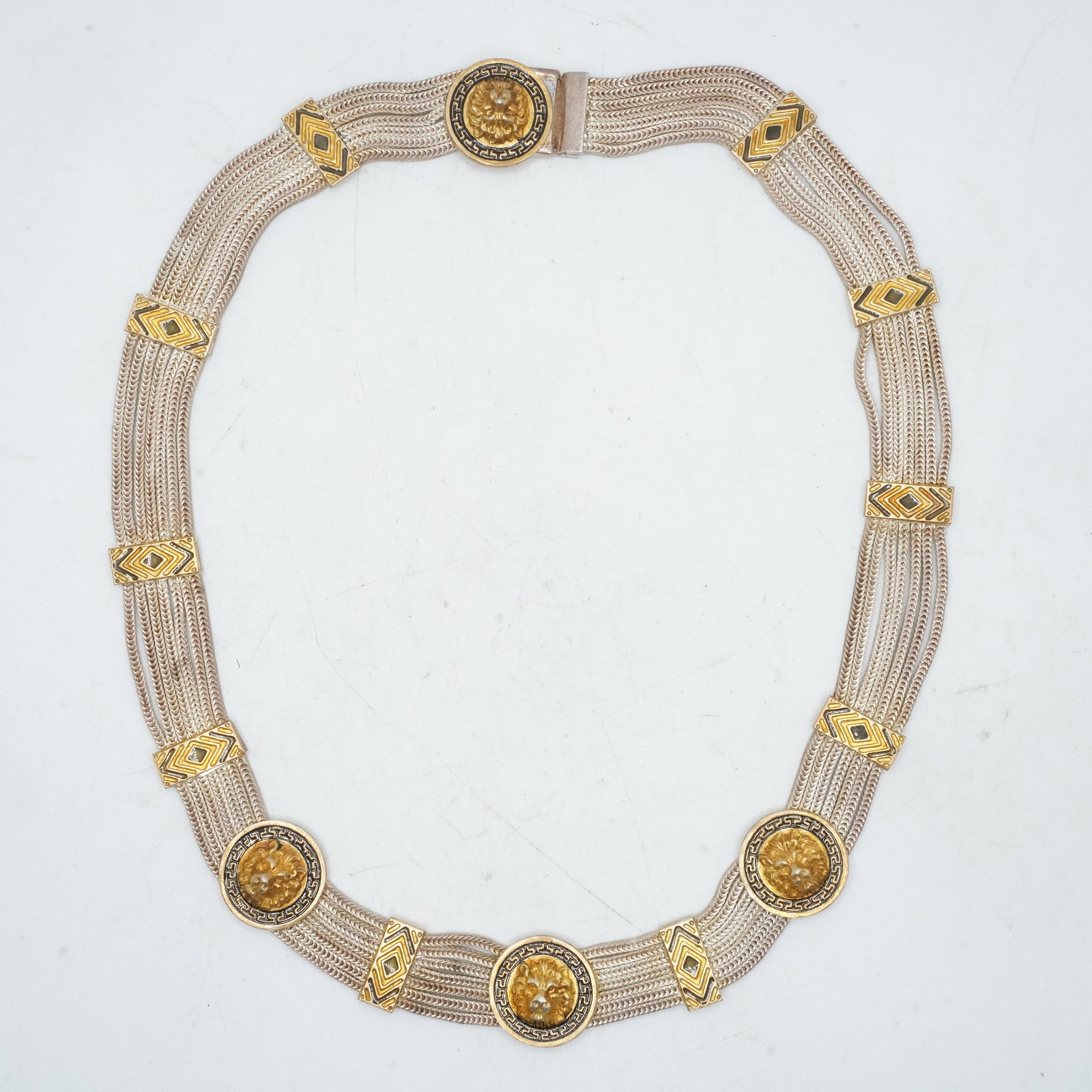 68.42 Grams .925 Sterling Silver Byzantine Etruscan 9-Strand Fox Tail Necklace Greek Key Border: 68.42 Grams .925 Sterling Silver Byzantine Etruscan 9-Strand Fox Tail Necklace Greek Key Border and Lions Heads. 16 1/2 in. x 3/4 in.