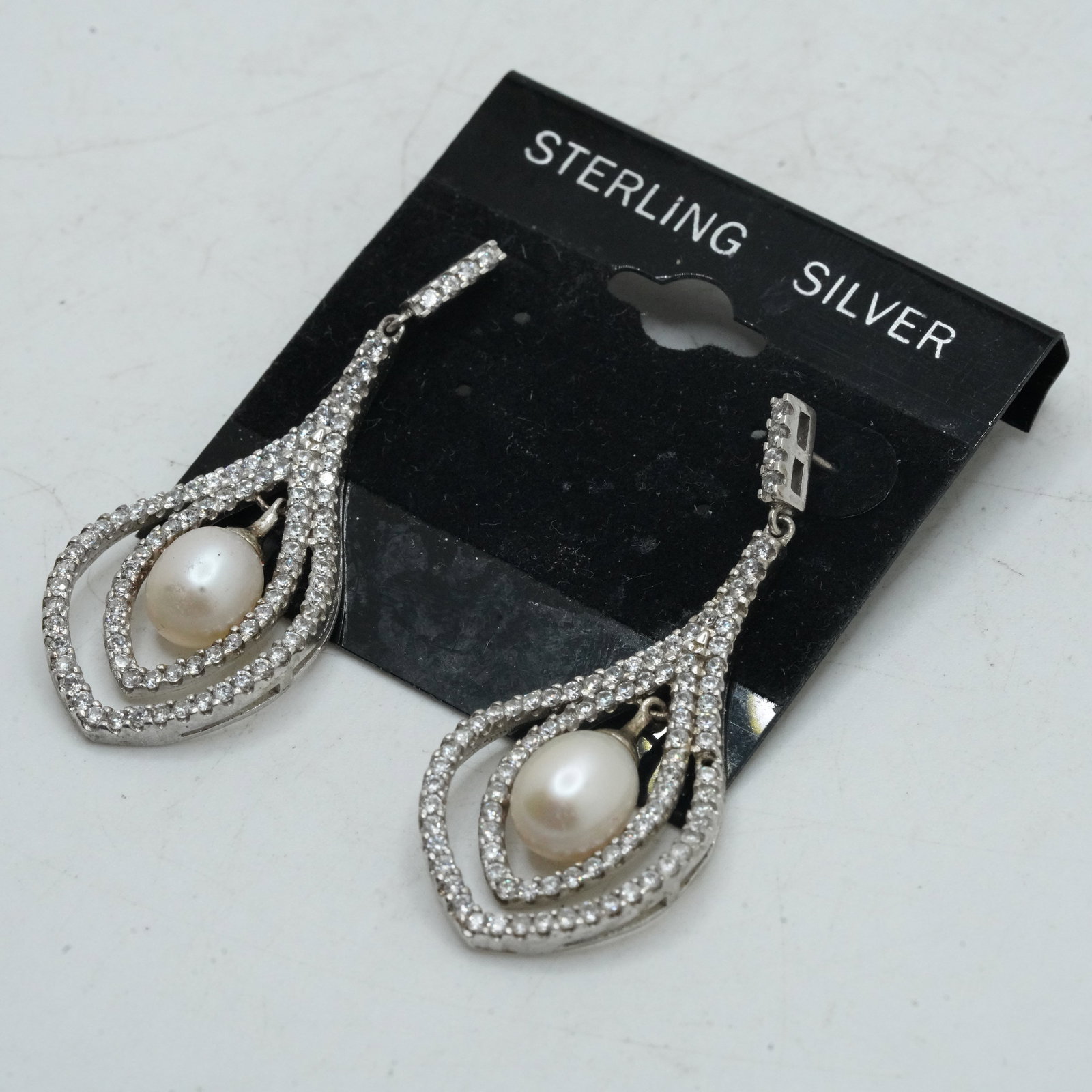 9.96 Grams Sterling Silver CZ and Freshwater Cultured Pearls Drop Earrings 1 3/4 in. x 3/4 in. (1 of 5)
