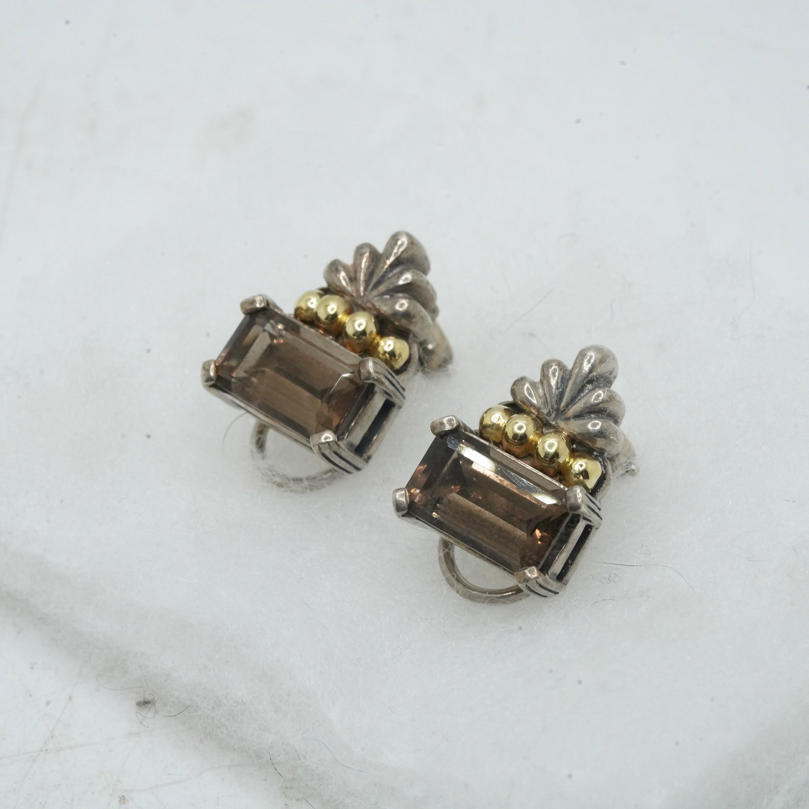 12.27 Grams .925 Sterling Silver and 750 18 K Gold Caviar Smokey Topaz Pierced Earrings (1 of 8)
