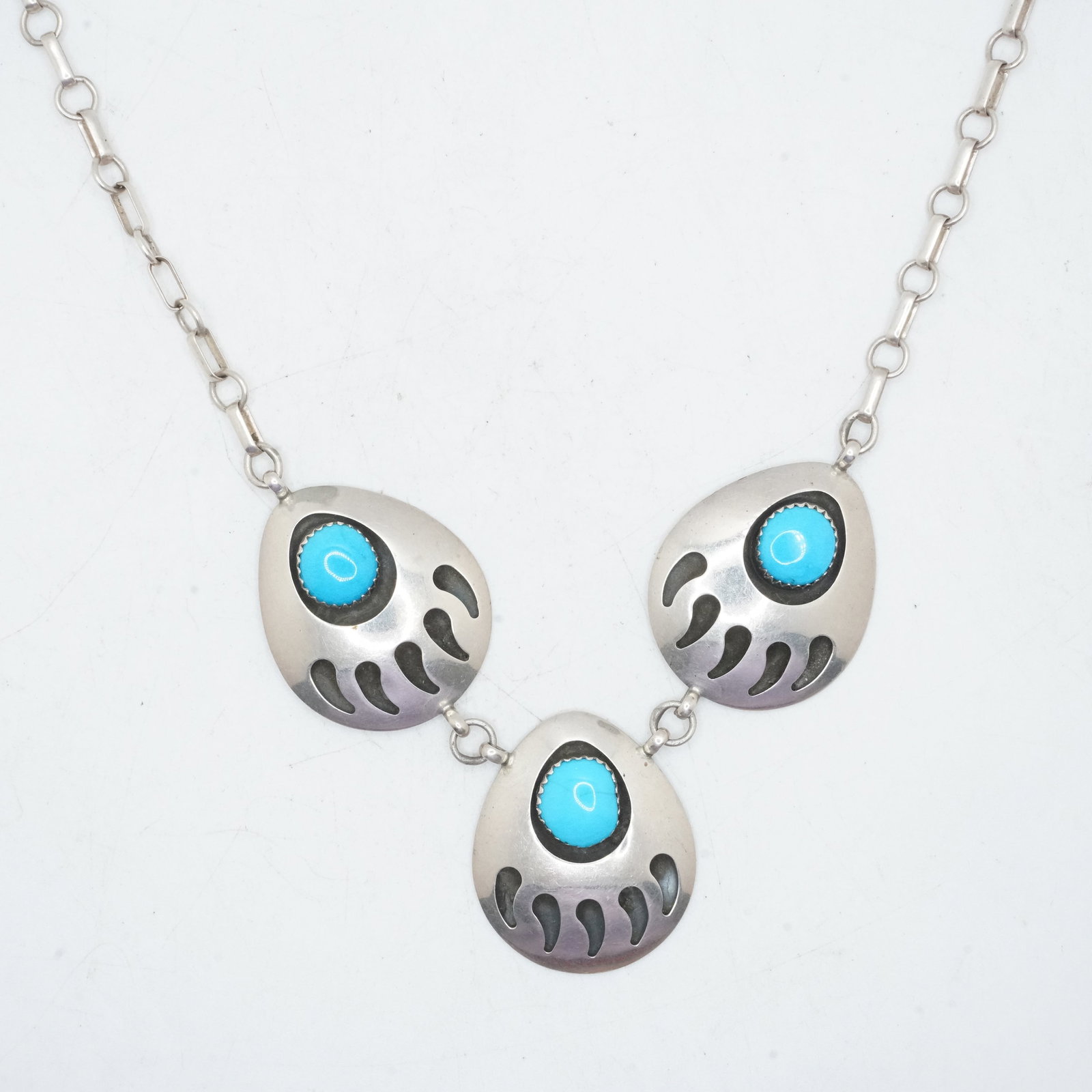 19.07 Grams Sterling Silver Turquoise Native American Indian Navajo Bear Claw Necklace 18 1/2 in. (1 of 7)